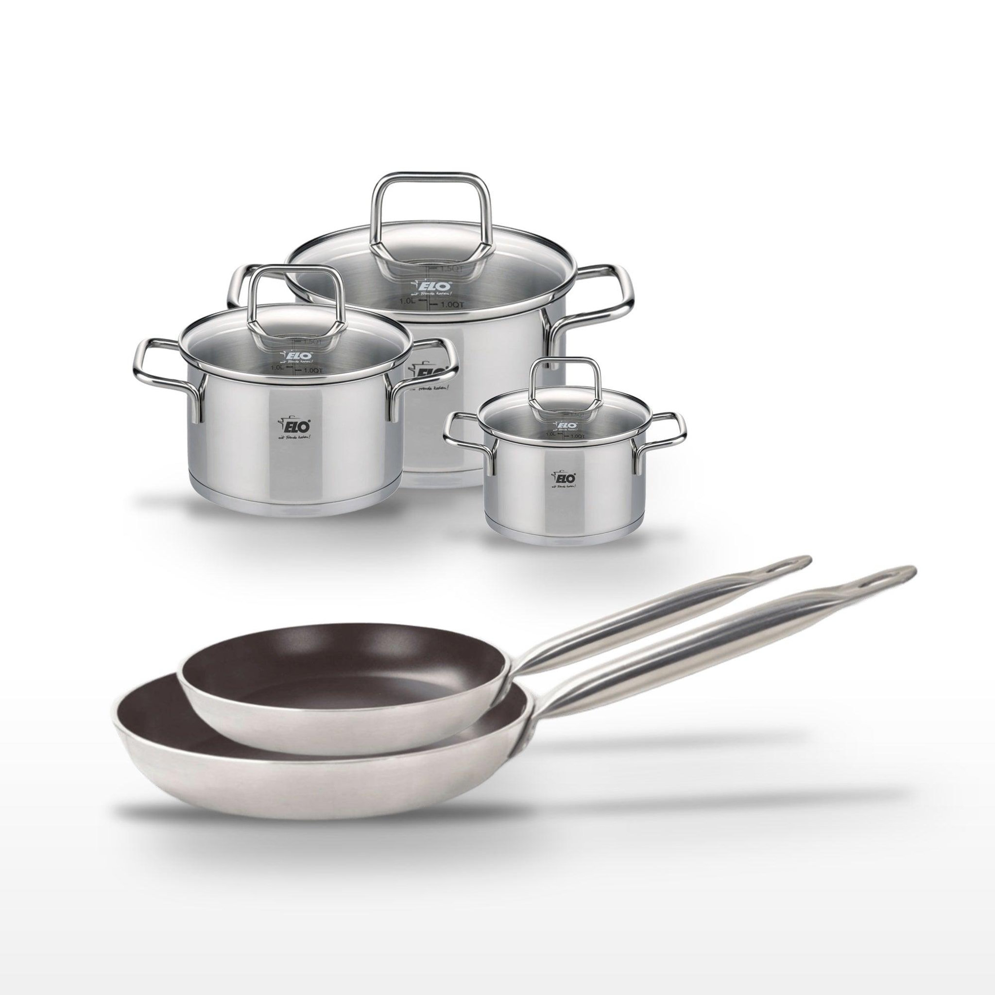 Voir la diapositive 2 : ELO Lot de 2 poêles 28/32cm elo bistro line et 3 faitouts elo citrin