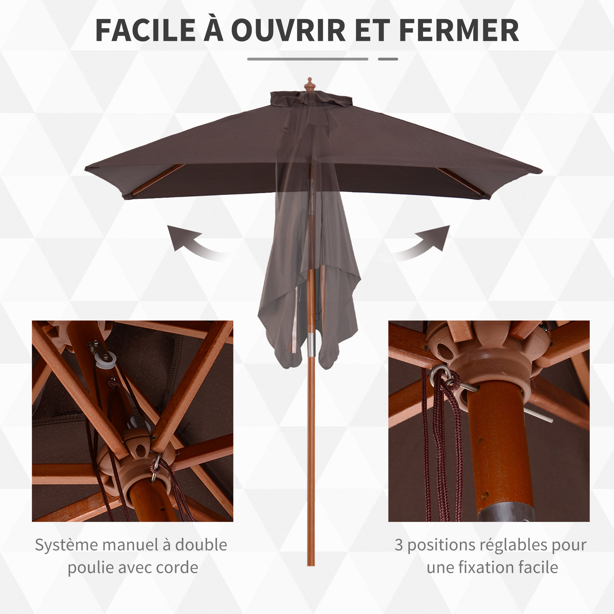Voir la diapositive 5 : OUTSUNNY Parasol rectangulaire inclinable bois polyester haute densité 2L x 1,5l x 2,3H m chocolat