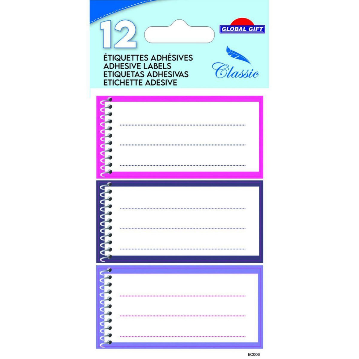GLOBAL GIFT 12 étiquettes adhésives scolaires - Cahier spirale - Rose