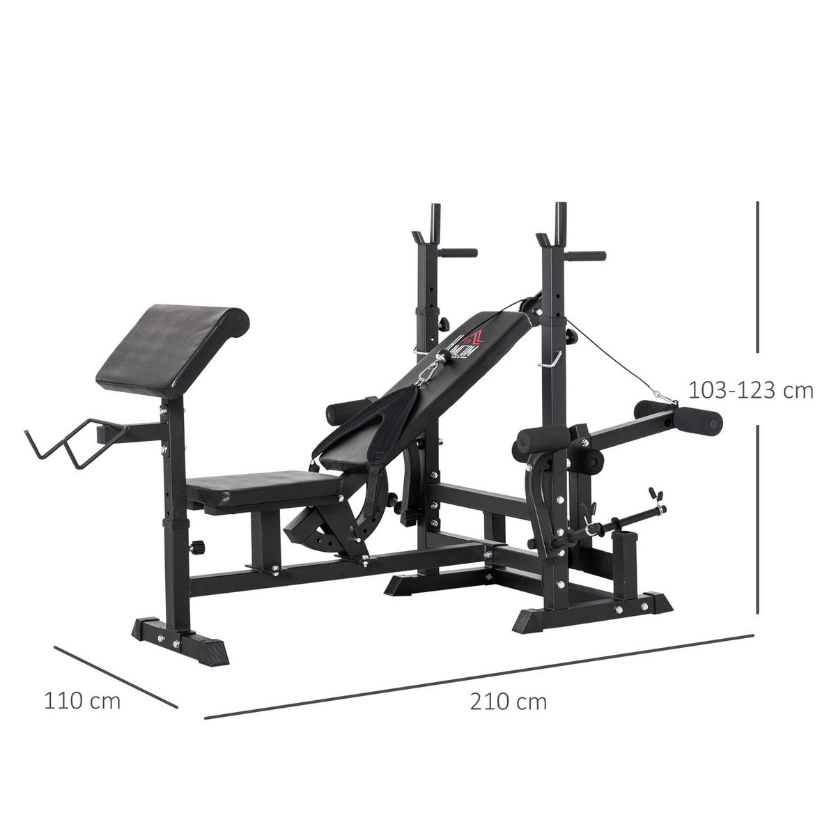 HOMCOM Banc de musculation multifonction réglable - pupitre à biceps, repose barre curl, poignées à Dips, module extension bras jambes, résistance horizontale - acier noir