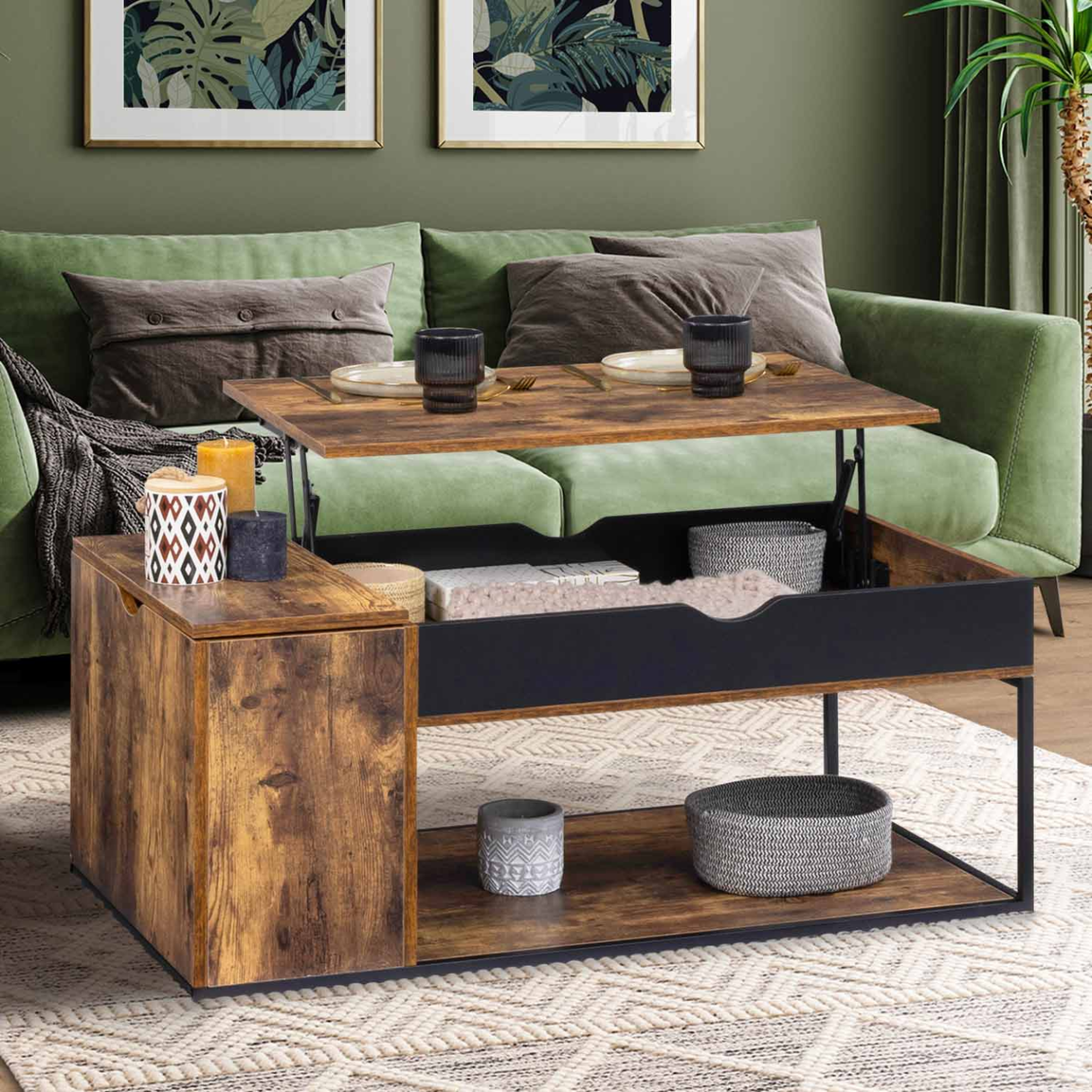 Voir la diapositive 2 : ID MARKET Table basse plateau relevable rectangulaire chicago avec coffre design industriel