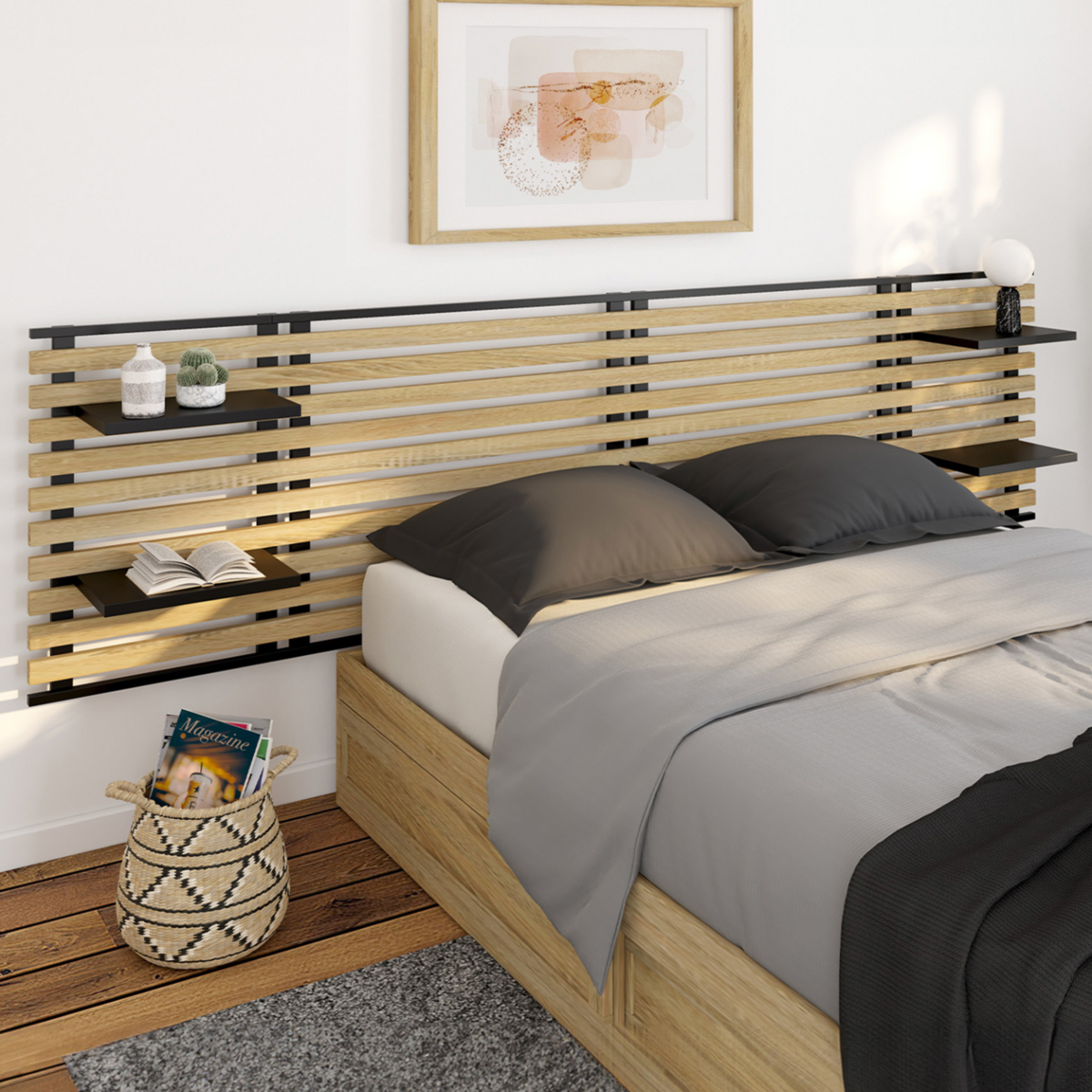 ID MARKET Tête de lit suspendue en lattes DETROIT 240 cm bois et métal noir avec étagères design industriel