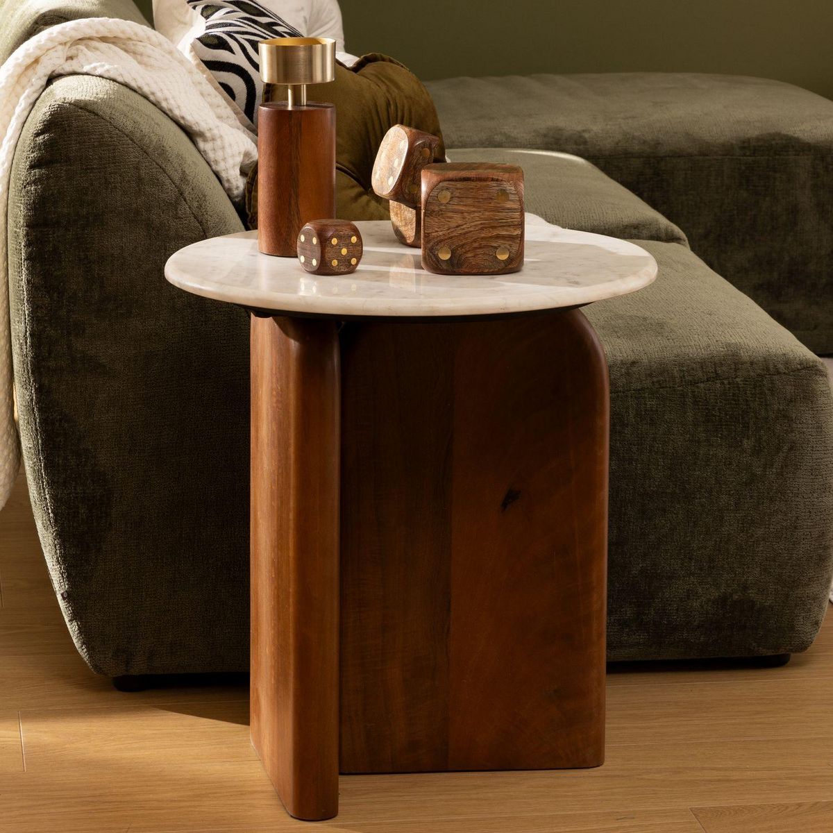 ATMOSPHERA Table à café ronde en marbre et bois massif NANDA - Blanc