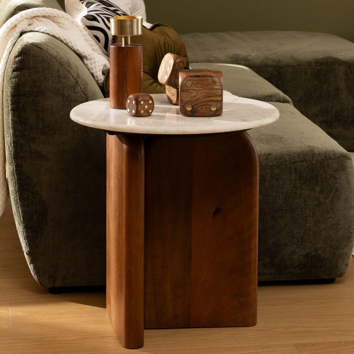 ATMOSPHERA Table à café ronde en marbre et bois massif NANDA - Blanc