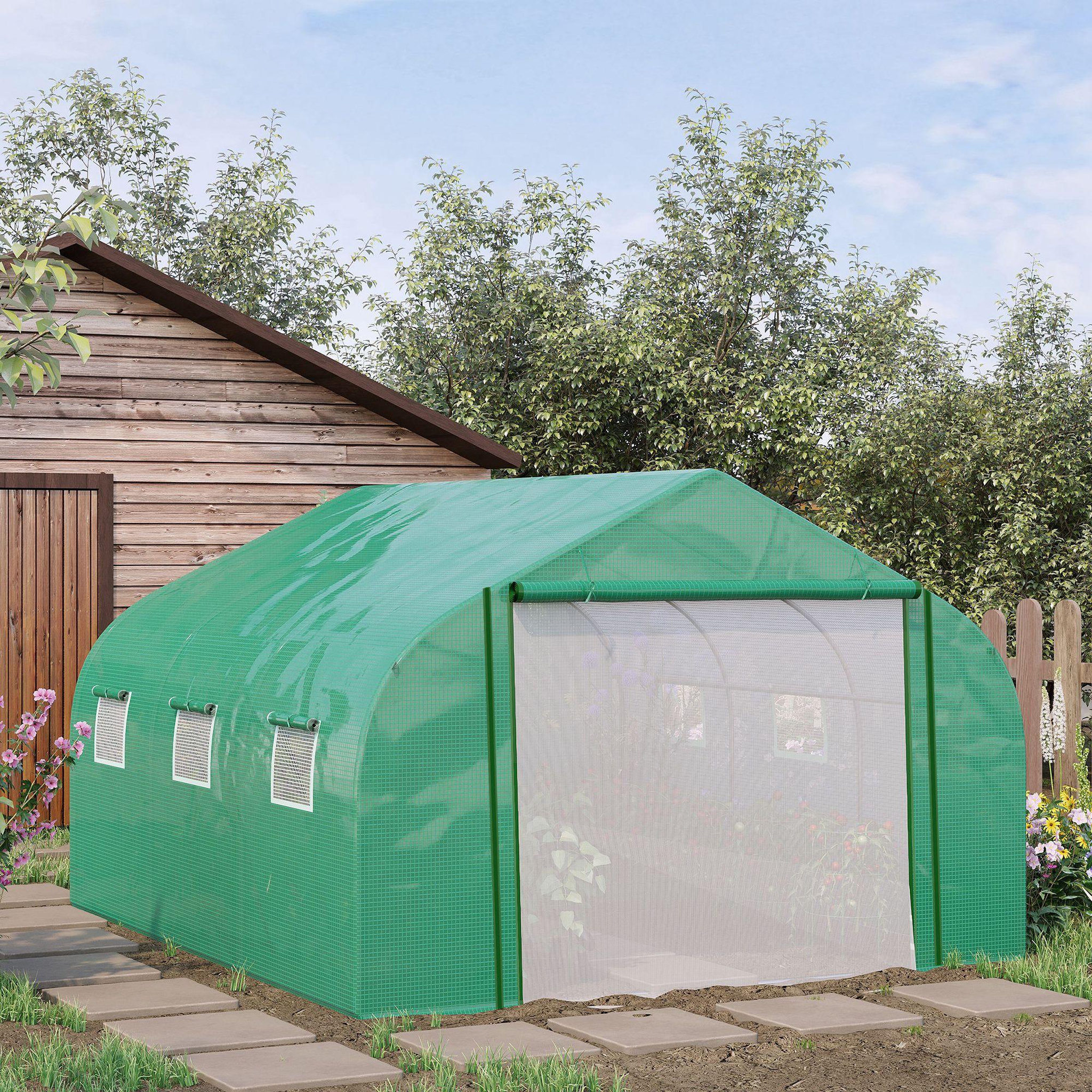 Voir la diapositive 2 : OUTSUNNY Serre tunnel de jardin grande taille dim. 3,47l x 3l x 2h m - 6 fenêtres et porte zippée enroulable - acier galvanisé pe haute densité vert