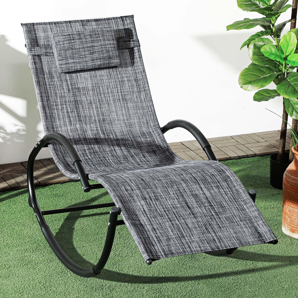 OUTSUNNY Chaise longue à bascule rocking chair design contemporain métal textilène gris chiné