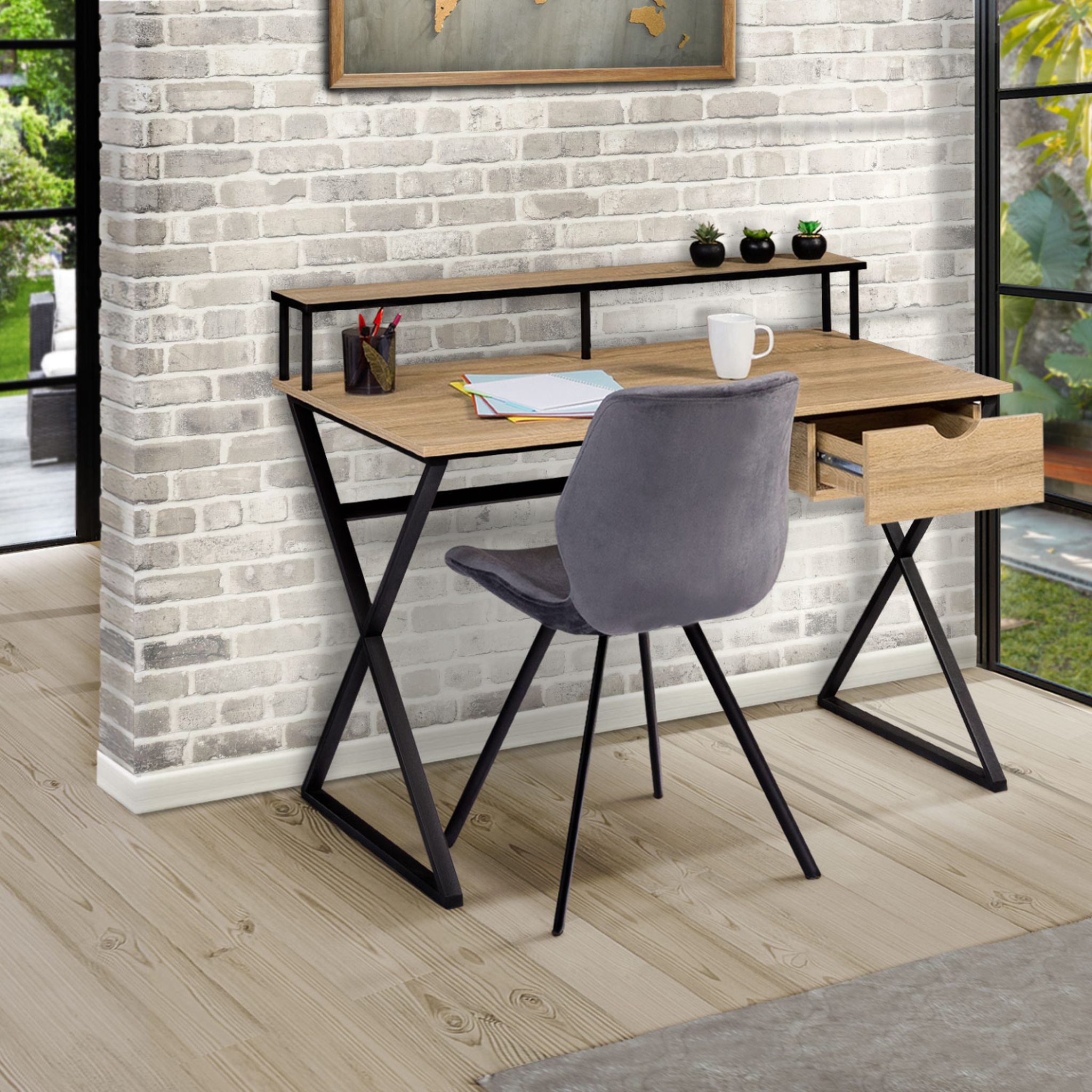 Voir la diapositive 4 : ID MARKET Bureau 1 tiroir enzo pieds croisés design industriel