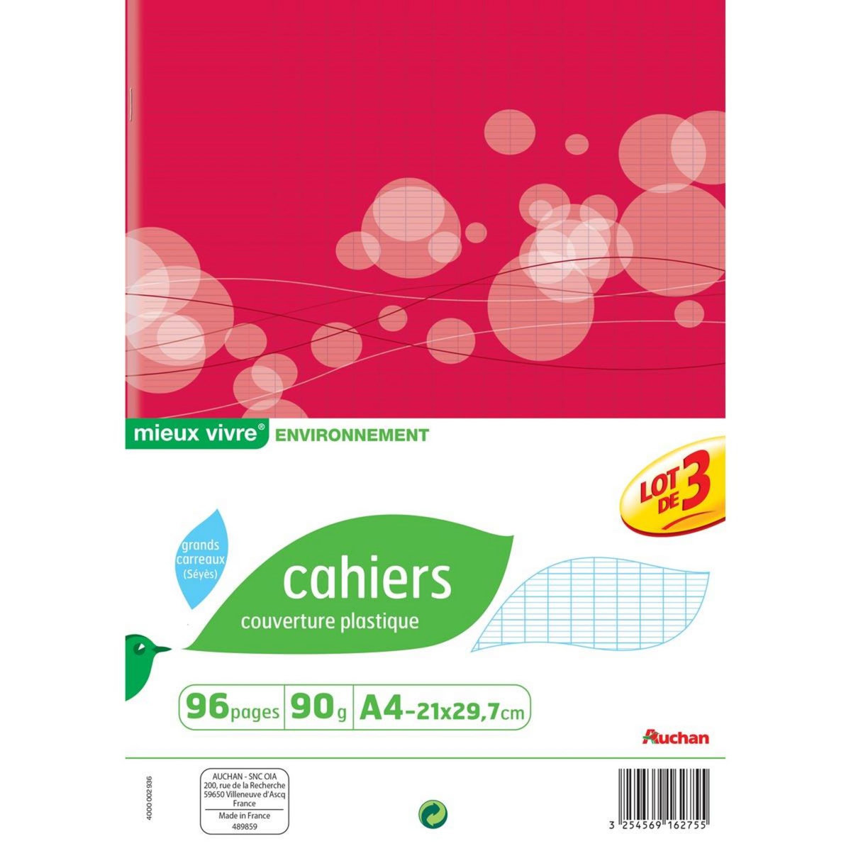 AUCHAN Lot de 3 cahiers piqués polypro 21x29,7cm 96 pages grands carreaux Seyes motif ronds