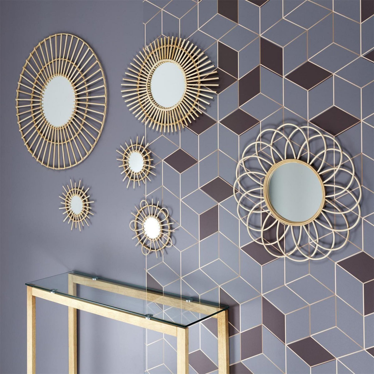 The Home Deco Factory Lot de 3 miroirs en rotin -  Diam 28 cm