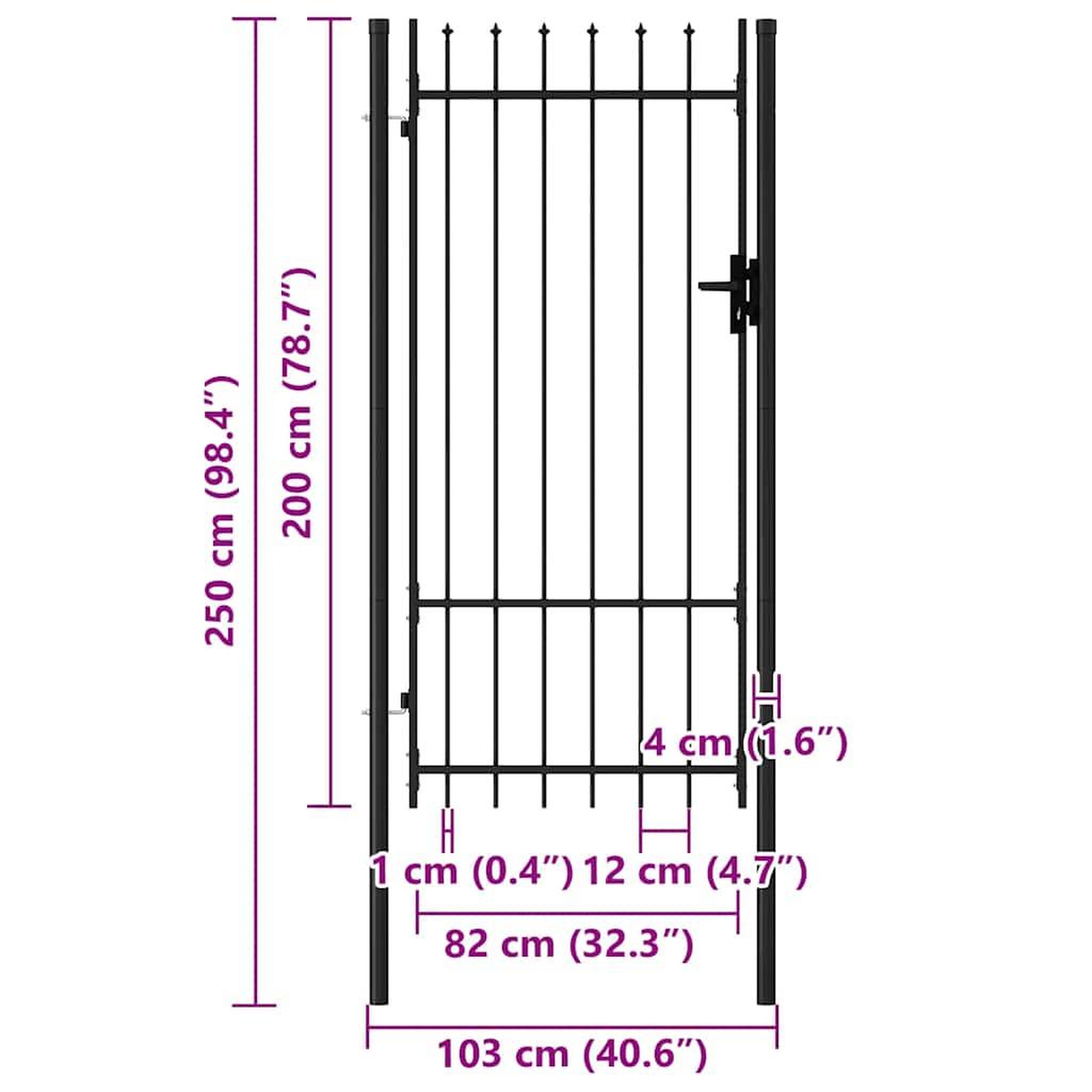 Voir la diapositive 6 : VIDAXL Portail de cloture boxtel a une porte avec pointes superieures, acier 1x2 m noir