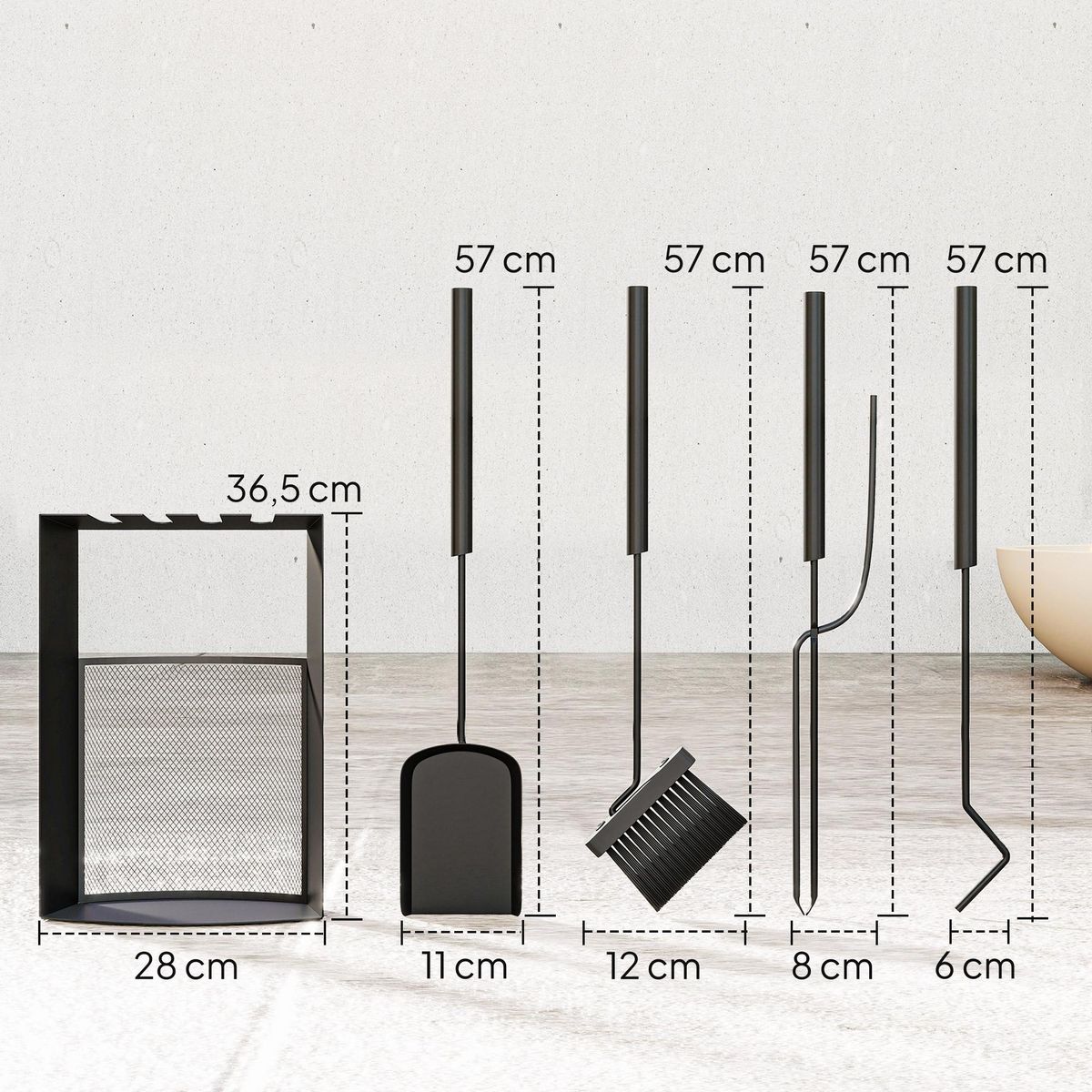 OUTSUNNY Ensemble serviteur de cheminée design 5 pièces en métal - brosse, pelle, tisonnier, pince - support inclus noir