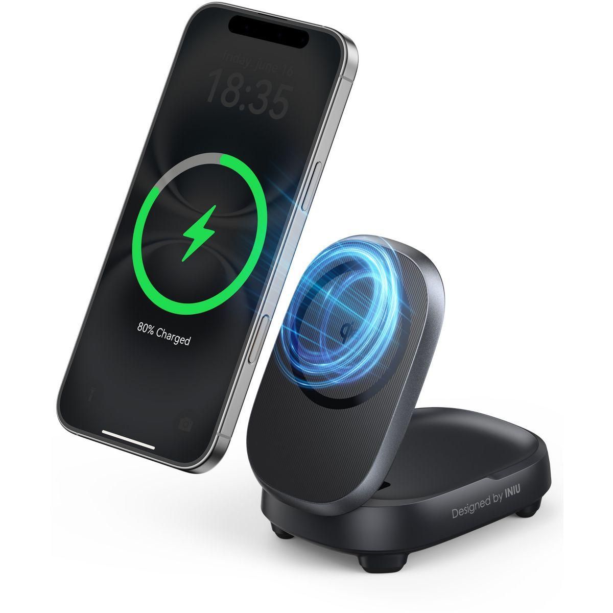 INIU Station de charge 15W Stand MagPro pliable USB-C /Qi2 Noir