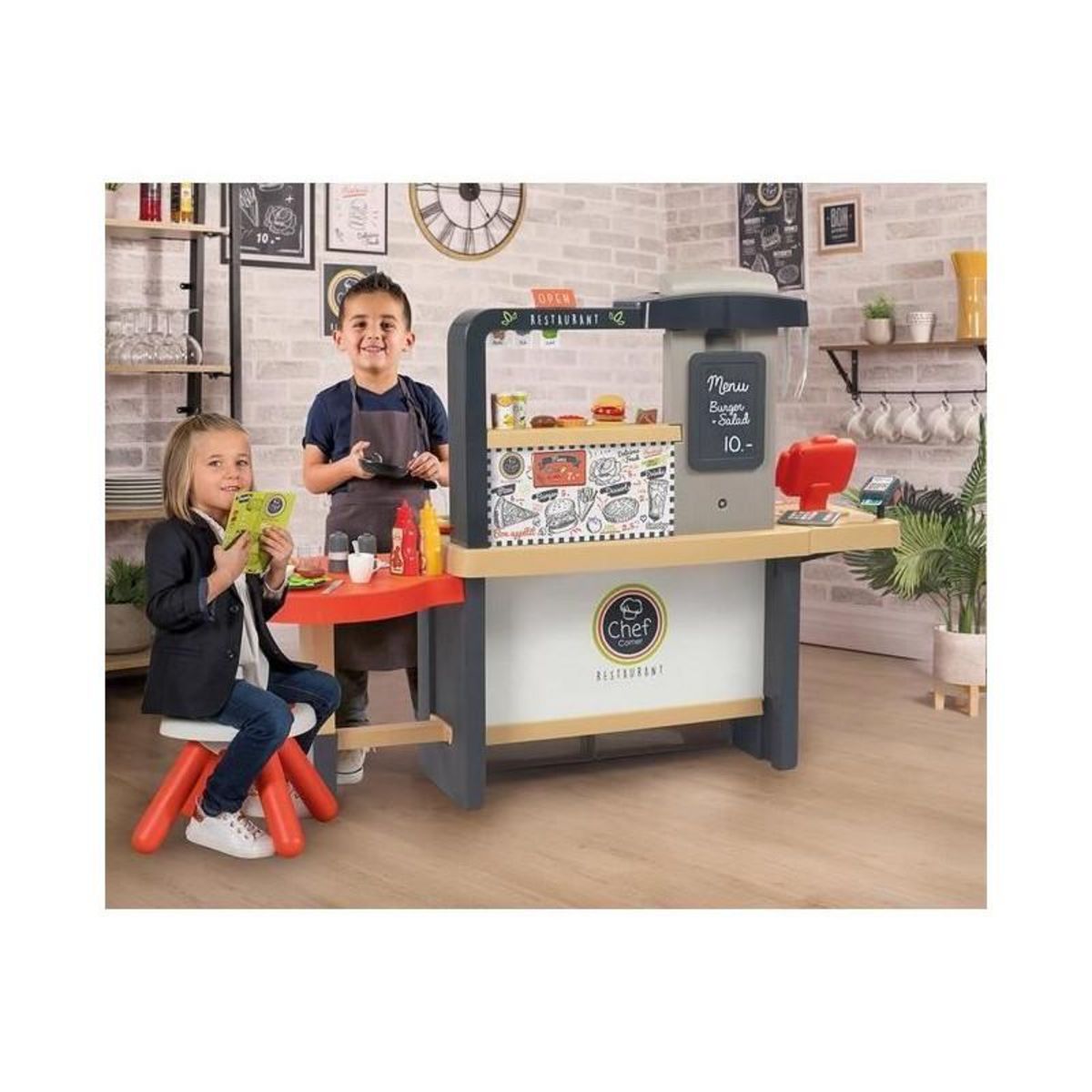 SMOBY Smoby - Cuisine Restaurant Chef - Dînette 3 espaces de jeux - 70 accesoires inclus - L76xH24xP82 - Des 3 ans