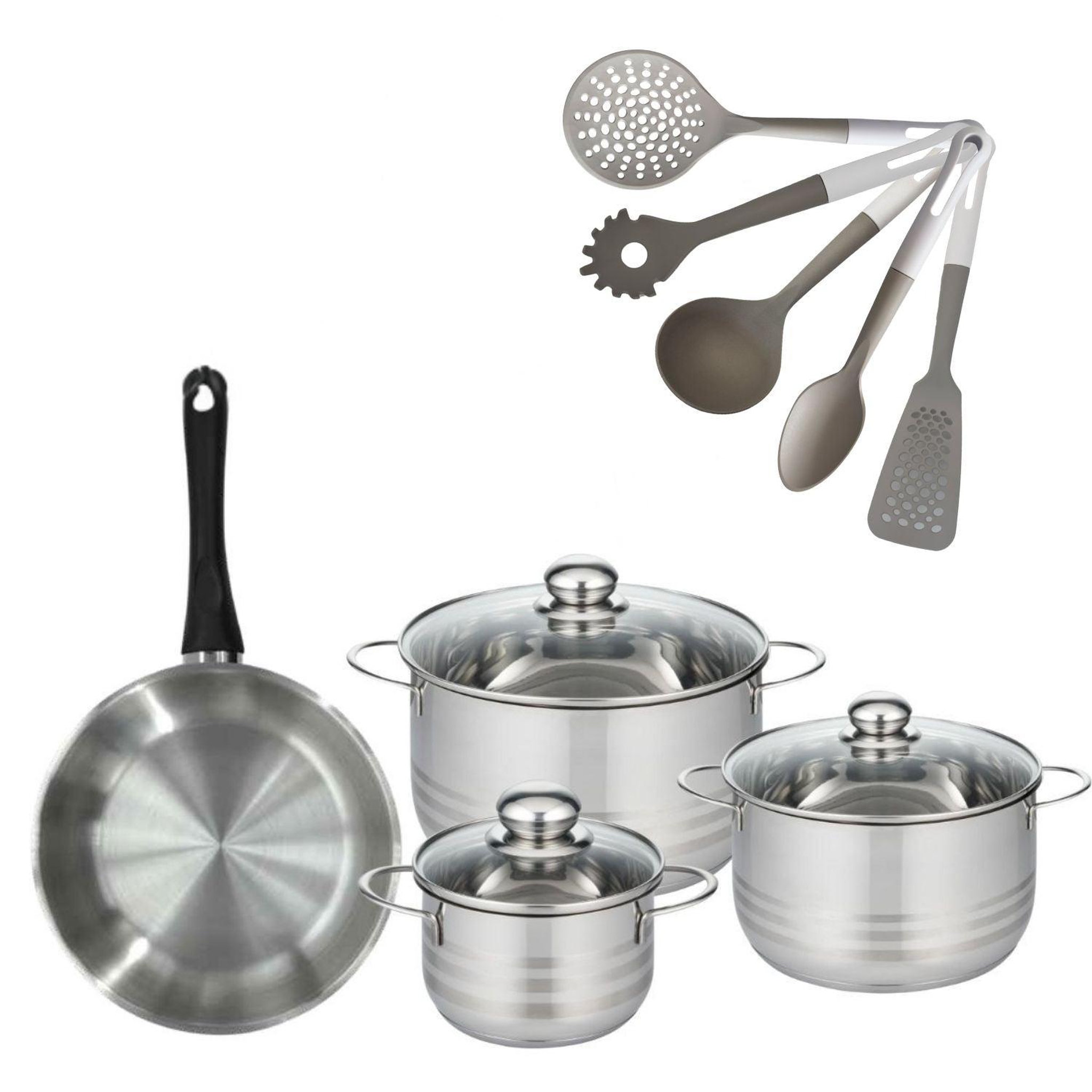 Fackelmann Batterie de cuisine avec 3 faitouts 16/20/24 cm et 1 poêle 24 cm avec 5 ustensiles de cuisine fackelmann généva brillant vario