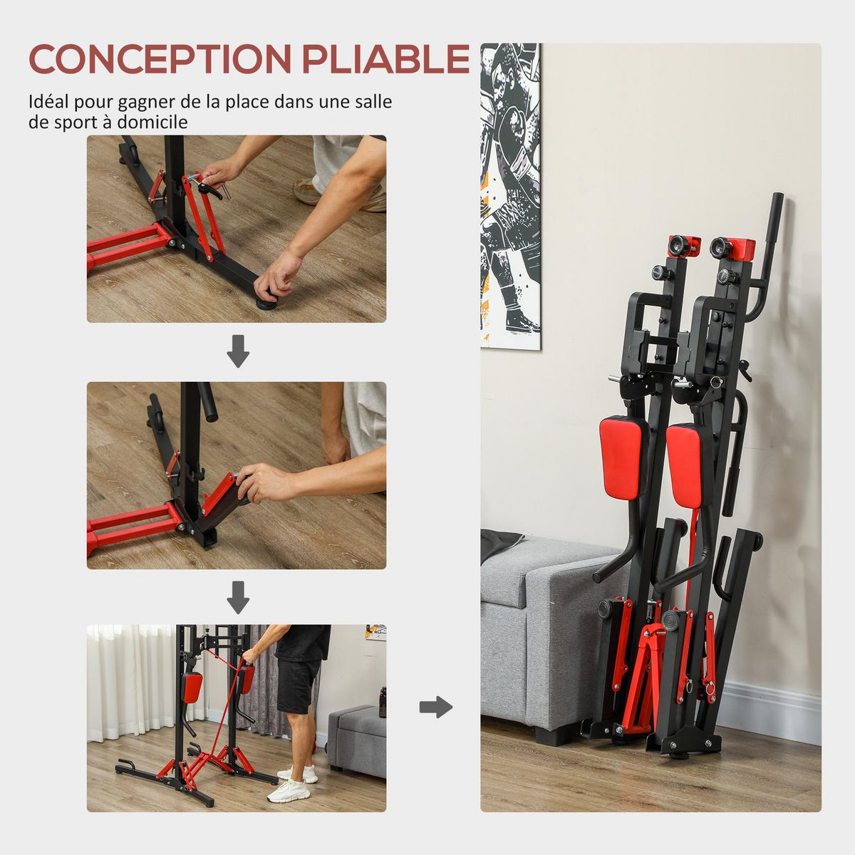 HOMCOM Station de traction musculation pliable réglable - station de dips - chaise romaine - acier rouge noir