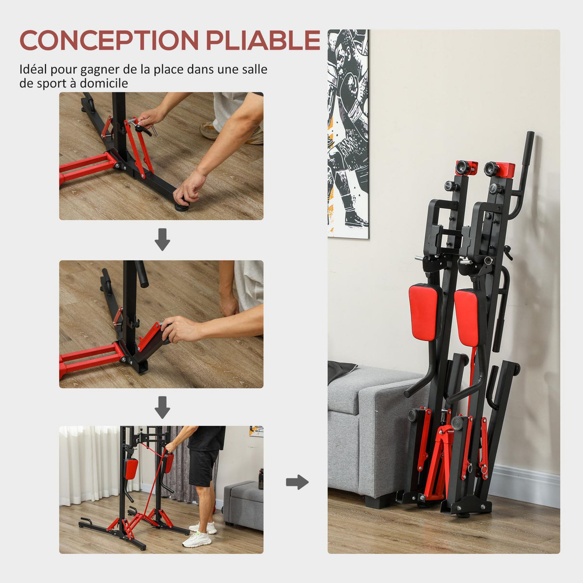 HOMCOM Station de traction musculation pliable réglable - station de dips - chaise romaine - acier rouge noir