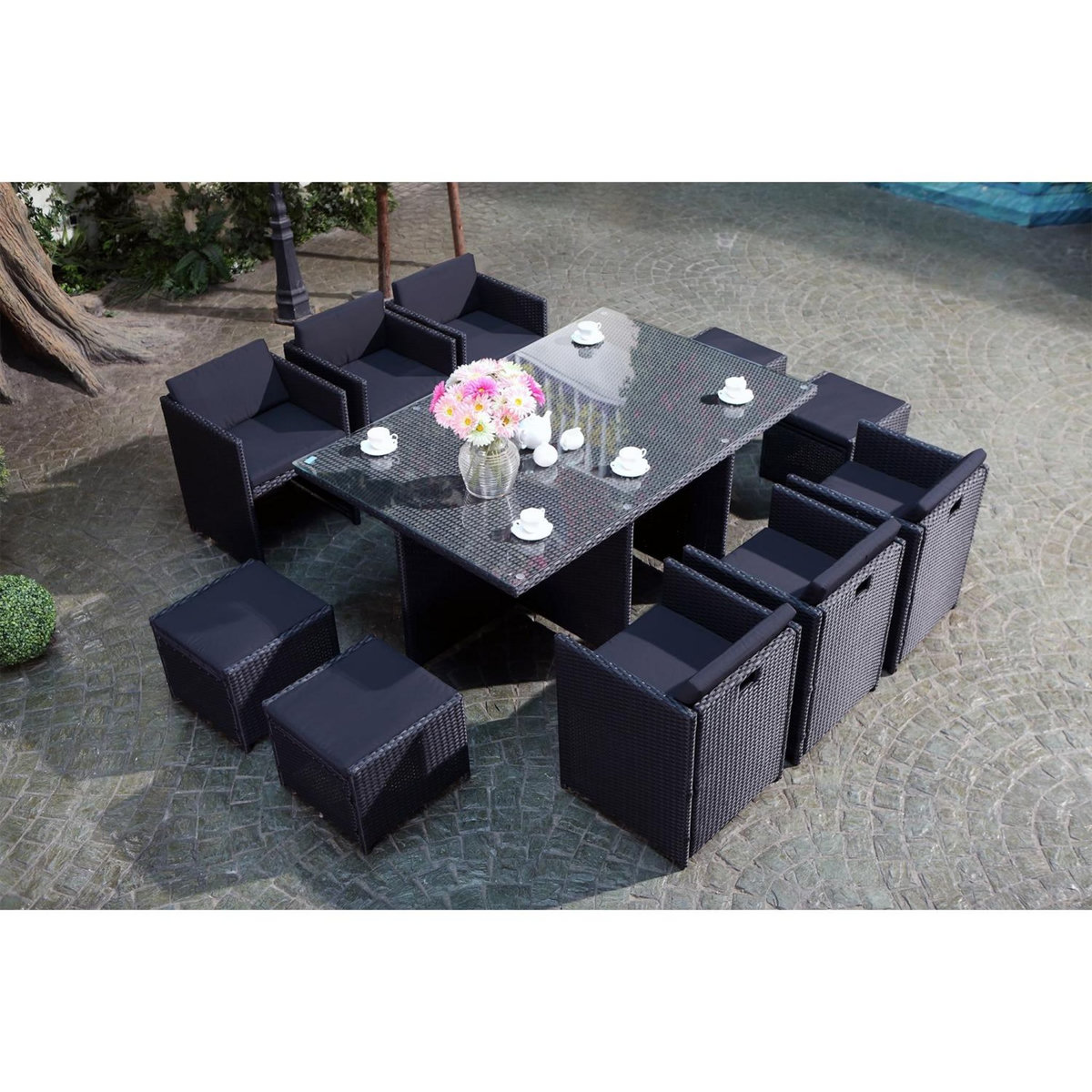 CONCEPT USINE MIAMI - Salon de jardin 10 places noir-noir + housse de protection MIAMI