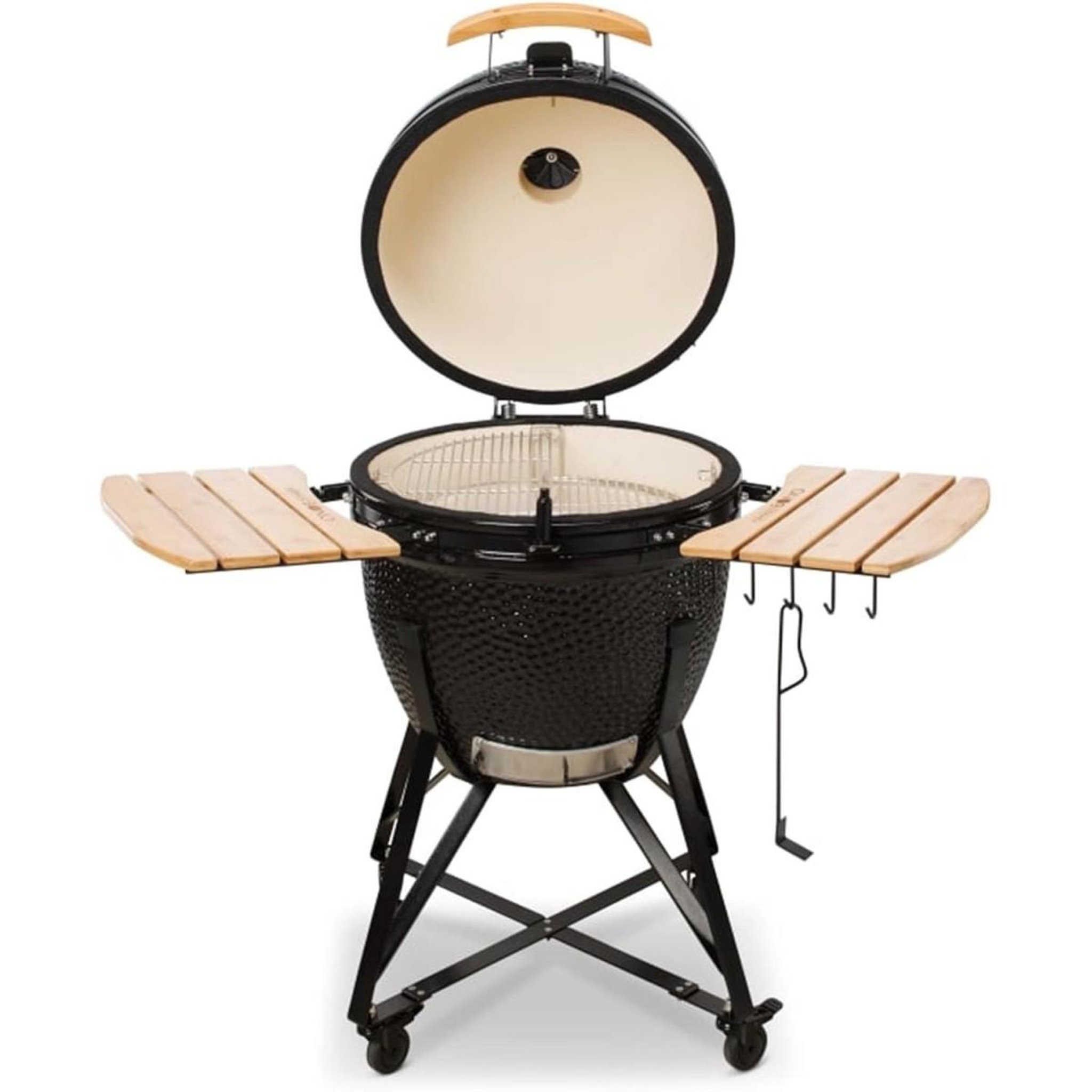 Voir la diapositive 2 : INTEC Barbecue à charbon de bois céramique kamado noir 2 zones de cuisson grill & fumoir ø56cm - barbecue mobile + 2 tablettes intec