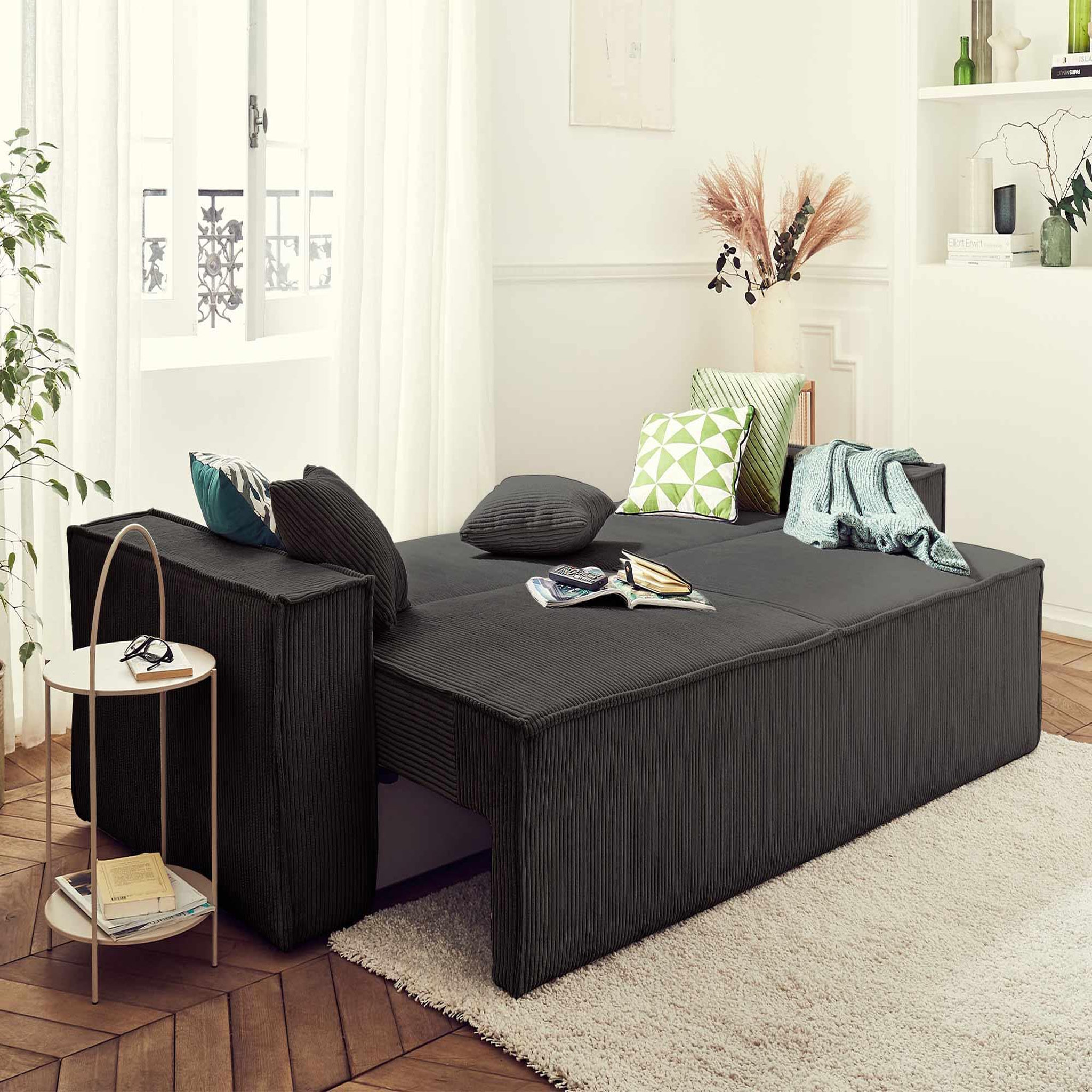 Voir la diapositive 2 : BEST MOBILIER Dellia - canapé 3 places convertible - avec coffre - en velours côtelé - style contemporain