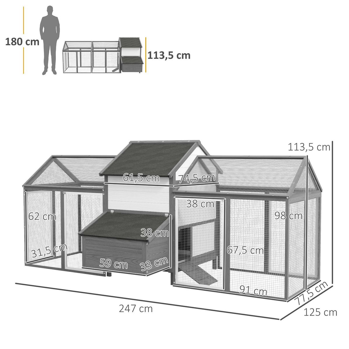 PAWHUT Poulailler en bois 2 enclos modulables niche pondoir gris