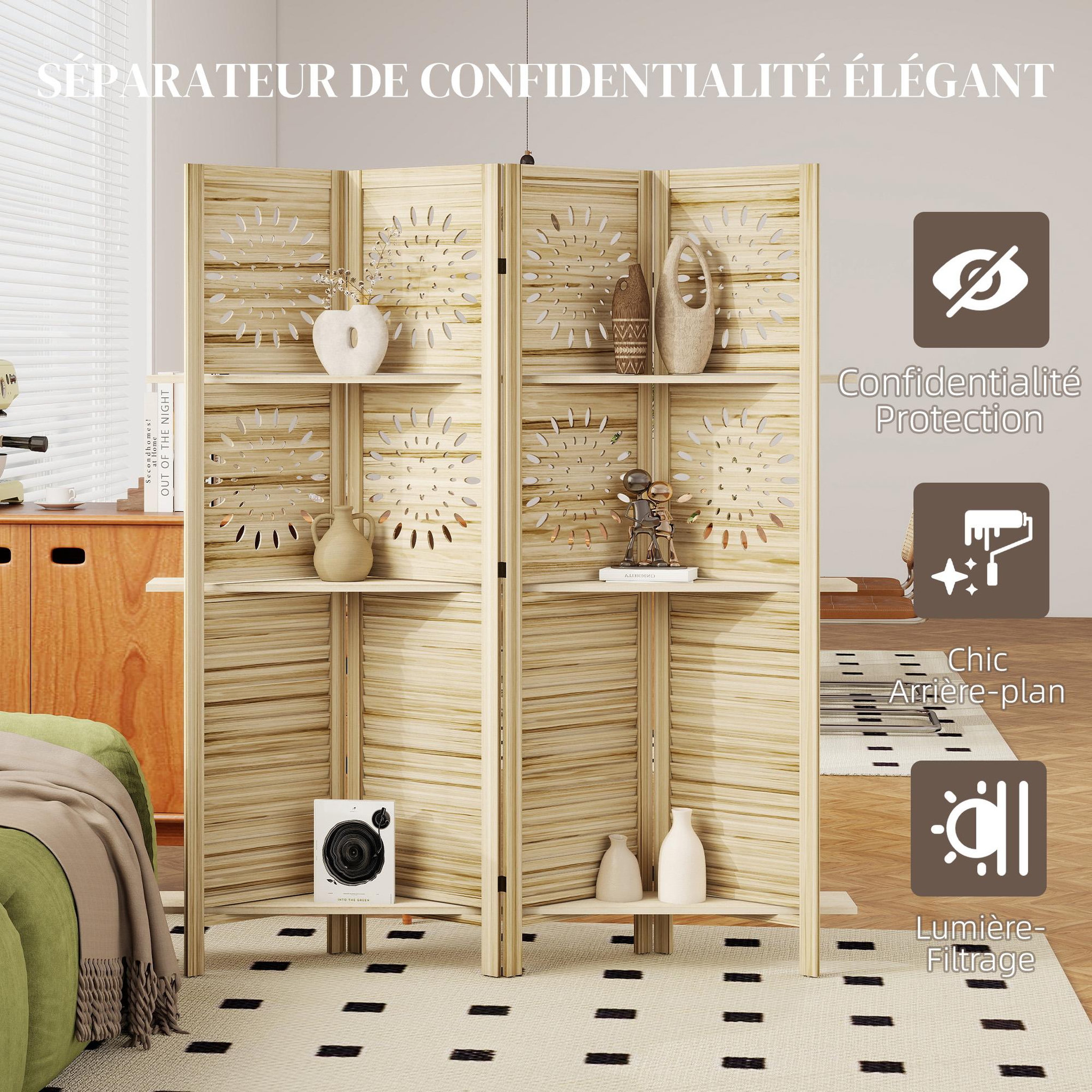 Voir la diapositive 6 : HOMCOM Paravent intérieur bois naturel 4 panneaux 3 étagères séparateur de pièce pliable 160 x 170 cm