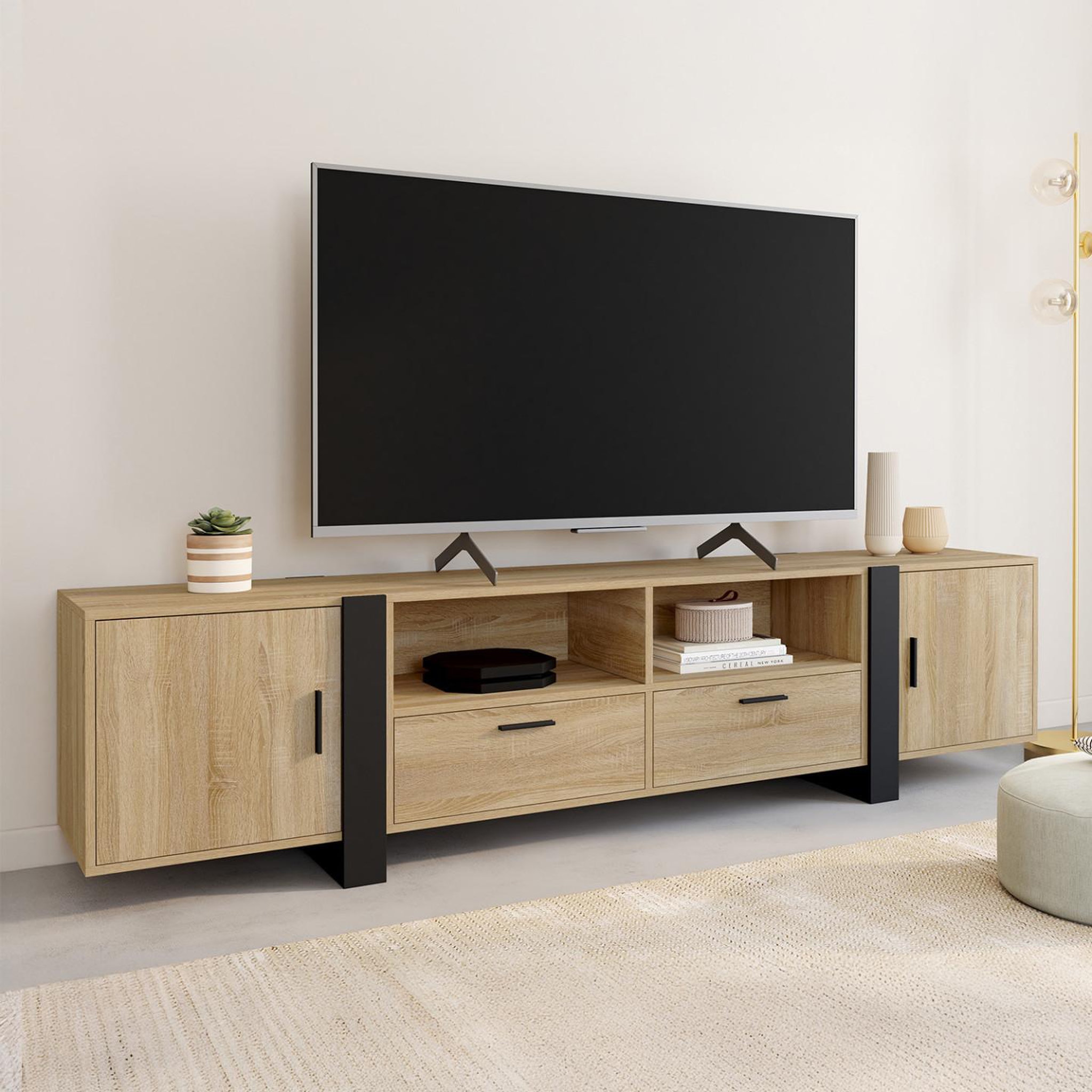 Voir la diapositive 2 : ID MARKET Meuble tv 200 cm phoenix 2 portes 2 tiroirs bois et noir
