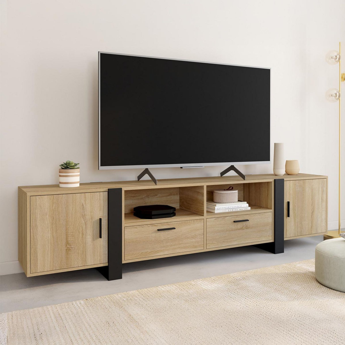 ID MARKET Meuble TV 200 cm PHOENIX 2 portes 2 tiroirs bois et noir