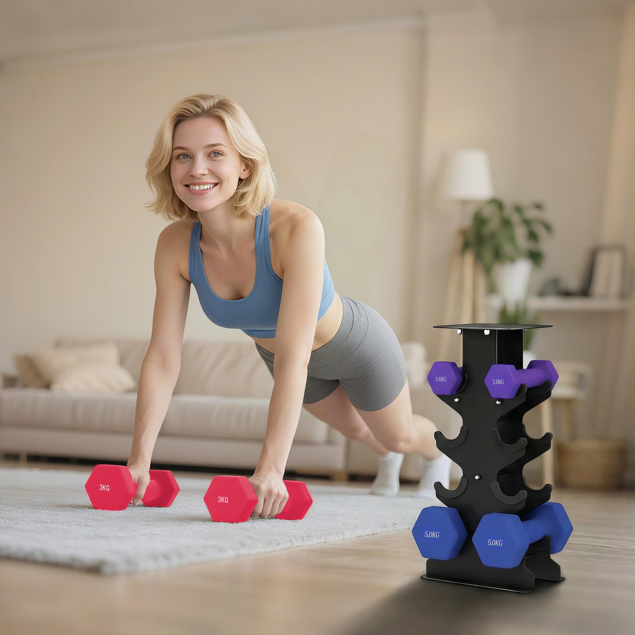 Voir la diapositive 2 : HOMCOM Support noir pour 6 haltères vinyles - 6 haltères incluses total 18 kg - noir rose bleu violet