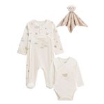 Petit Béguin Kit naissance 3 pièces pyjama, body et doudou bébé Câlins. Coloris disponibles : Beige