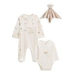 Petit Béguin Kit naissance 3 pièces pyjama, body et doudou bébé Câlins. Coloris disponibles : Beige