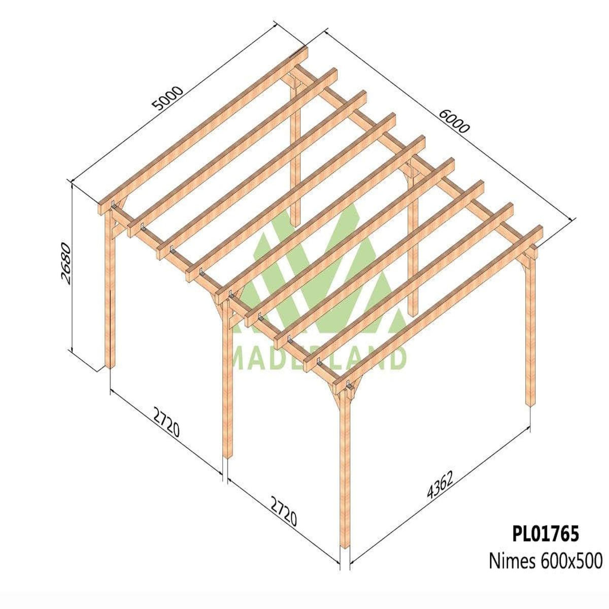 JARDIDECO Carport en bois lamellé-collé Nîmes 600 x 500 cm - Maderland