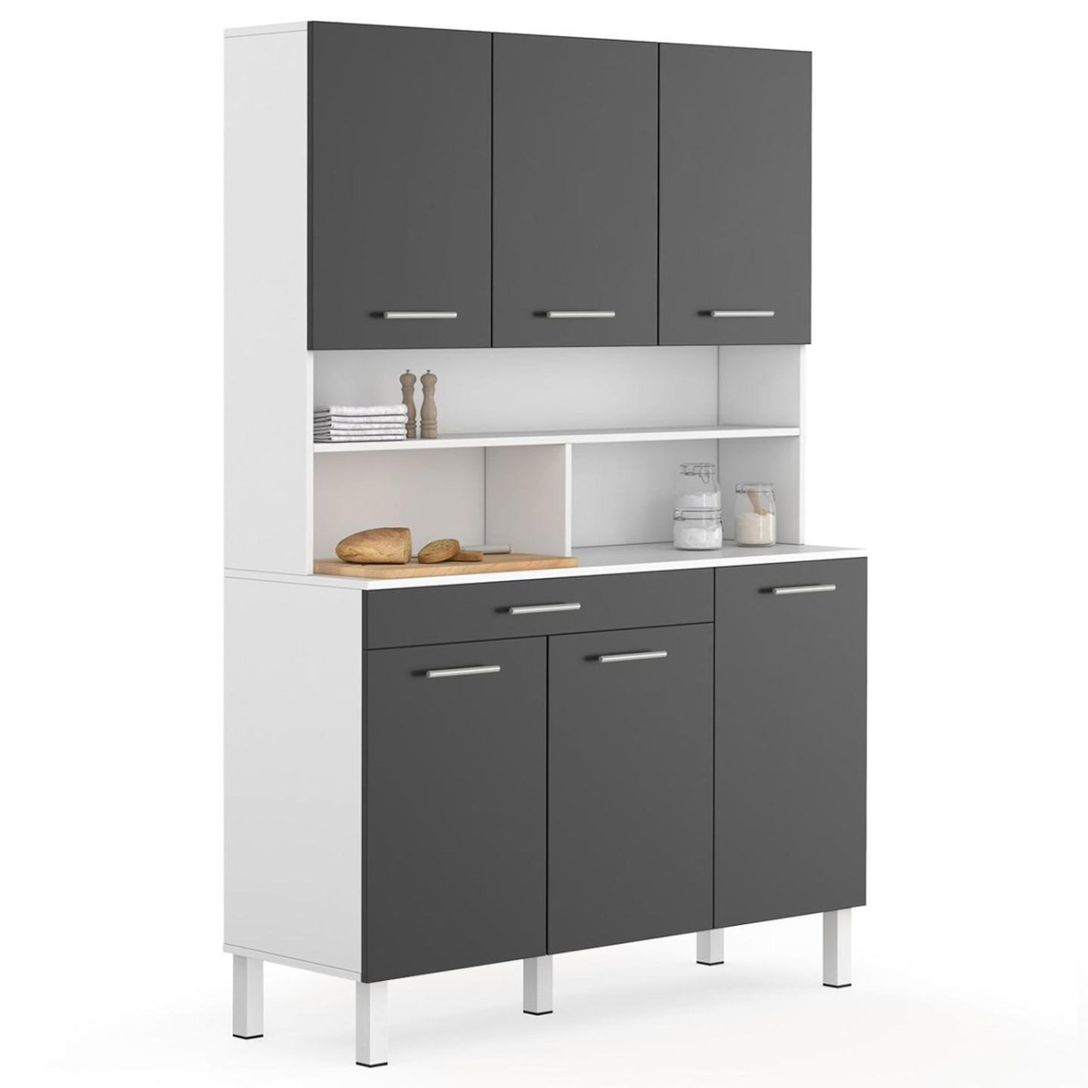 ID MARKET Buffet de cuisine 120 CM CINA 6 portes + tiroir blanc et gris brillant
