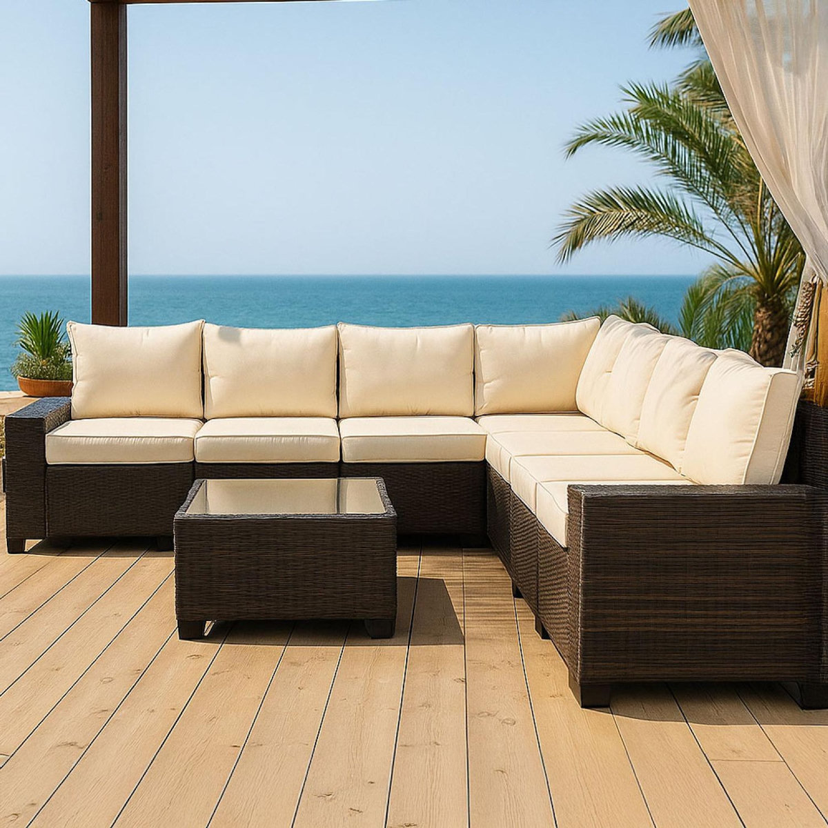 CONCEPT USINE Salon de jardin d'angle 7 places en résine tressée avec table marron et beige LAZARO