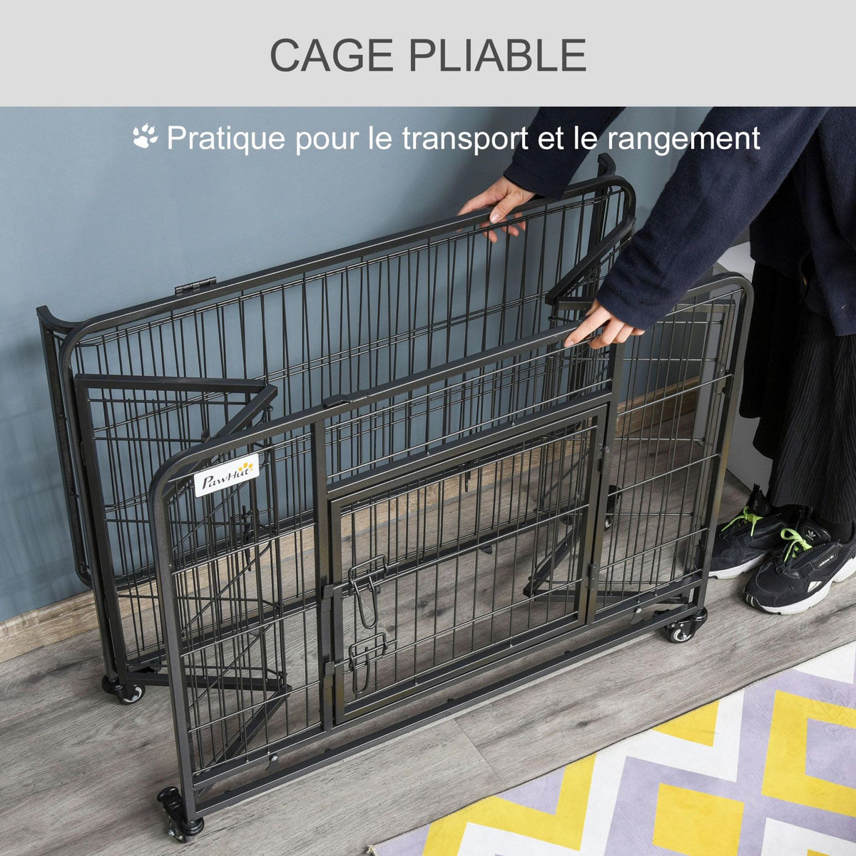 PAWHUT Cage pour chien pliable cage de transport sur roulettes 2 portes verrouillables plateau amovible dim. 125L x 76l x 81H cm métal gris noir