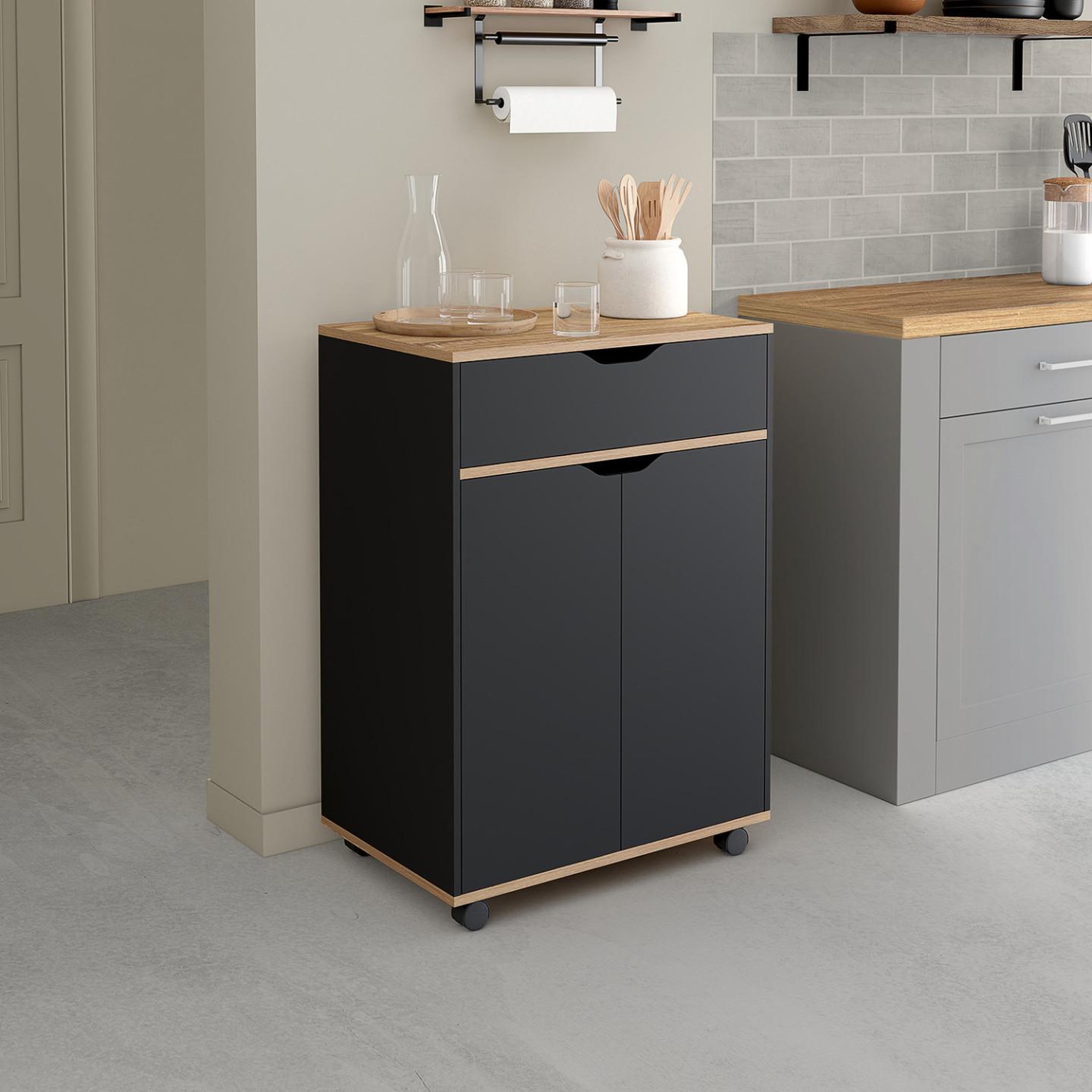 Voir la diapositive 2 : ID MARKET Desserte de cuisine cosy placard avec tiroir bois noir et plateaux façon hêtre l.60 cm