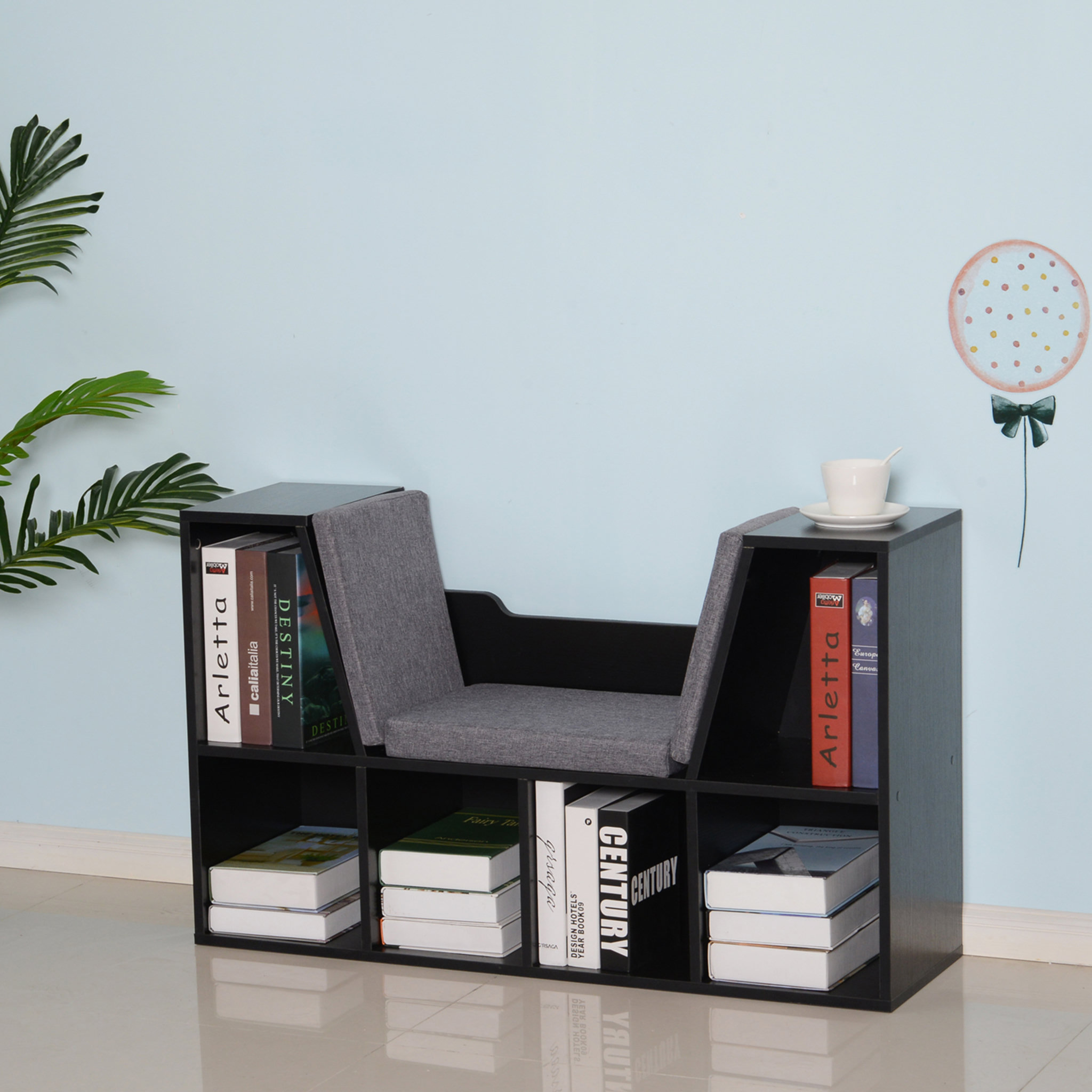 Voir la diapositive 2 : HOMCOM Bibliothèque banc 2 en 1 design contemporain 6 casiers 3 coussins fournis 102L x 30l x 61H cm noir gris