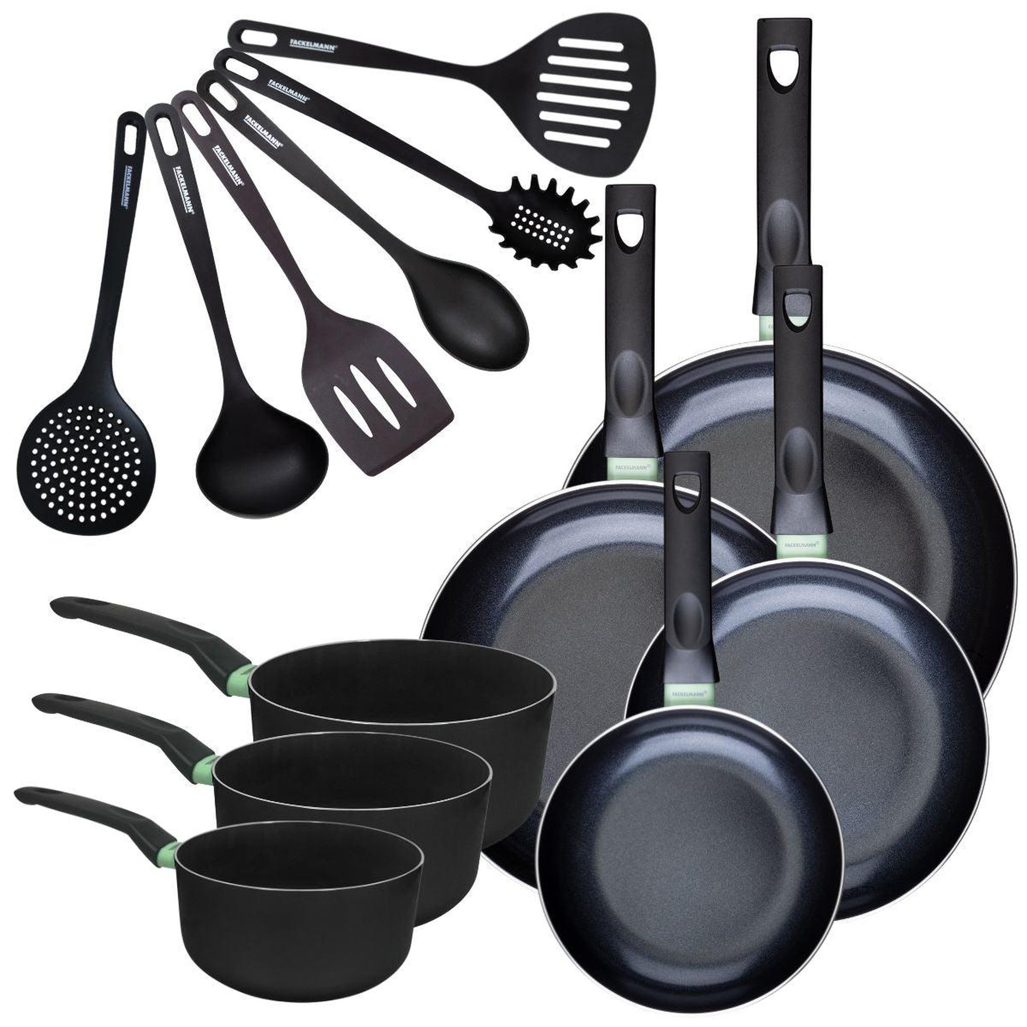 Fackelmann Set de 4 poêles 20 24 28 et 30 cm et 3 casseroles 16, 18 et 20 cm antiadhésives céramique et 6 ustensiles fackelmann brandao
