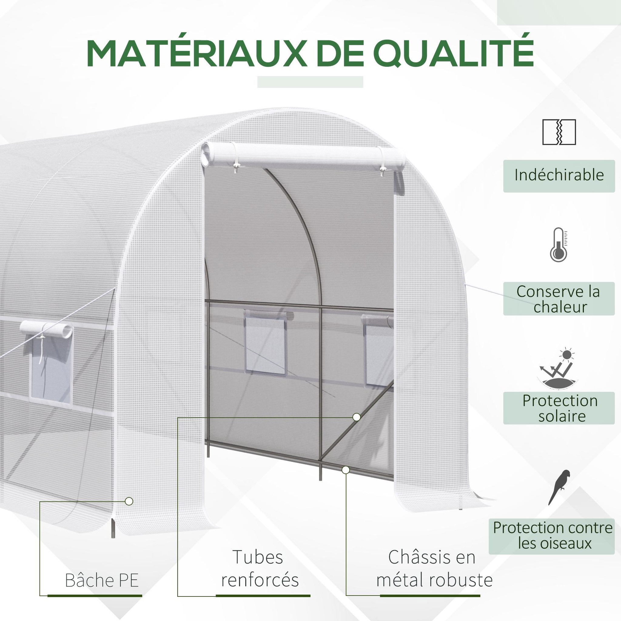 Voir la diapositive 4 : OUTSUNNY Serre de jardin tunnel surface sol 8 m² 4 x 2 x 2 m châssis tubulaire renforcé 18 mm 6 fenêtres blanc