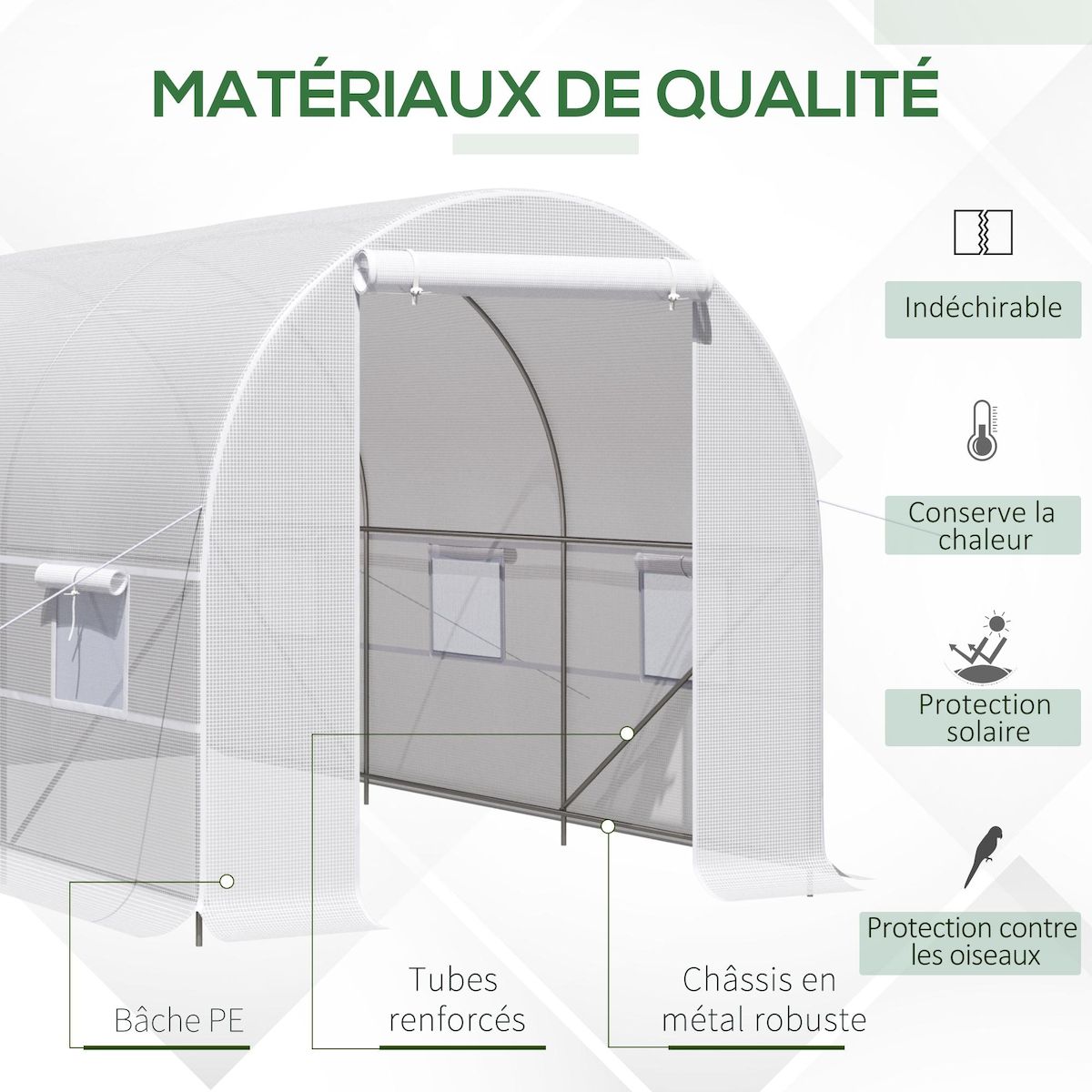 OUTSUNNY Serre de jardin tunnel surface sol 8 m² 4 x 2 x 2 m châssis tubulaire renforcé 18 mm 6 fenêtres blanc