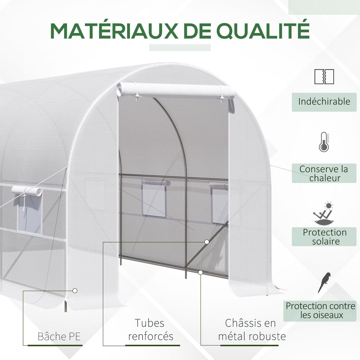 OUTSUNNY Serre de jardin tunnel surface sol 8 m² 4 x 2 x 2 m châssis tubulaire renforcé 18 mm 6 fenêtres blanc