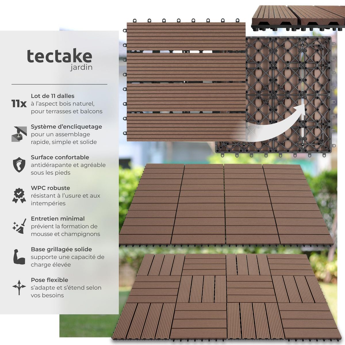 tectake Dalles de terrasse Lot de 11 dalles avec système de clic marron Ensemble de 11 pièces