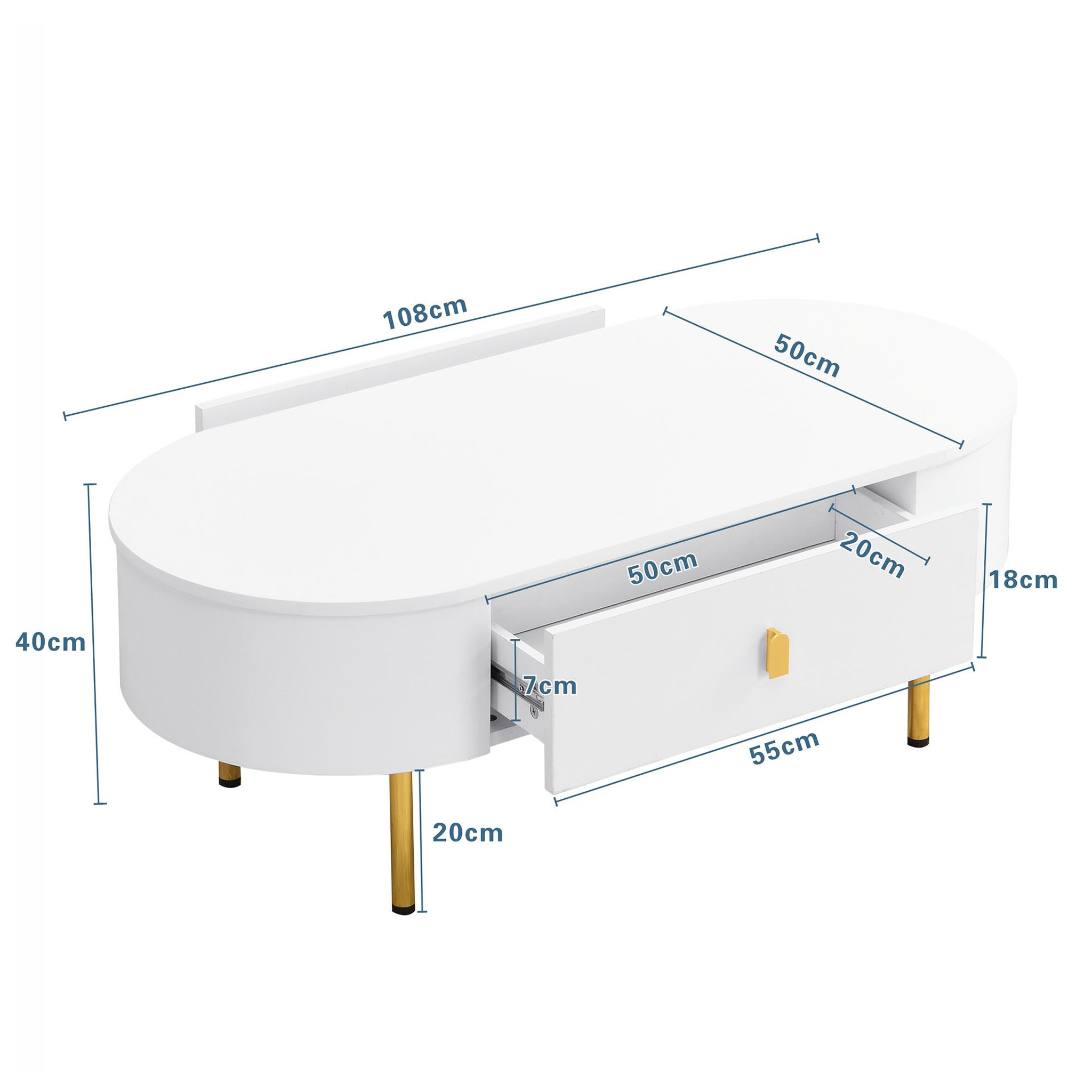 Voir la diapositive 4 : MERAX Table Basse Ovale Avec 2 Tiroirs Blanc
