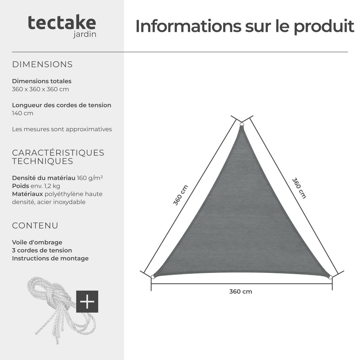 tectake Voile d'ombrage triangulaire triangulaire avec une protection UV 50+ gris 3,6 x 3,6 x 3,6 m