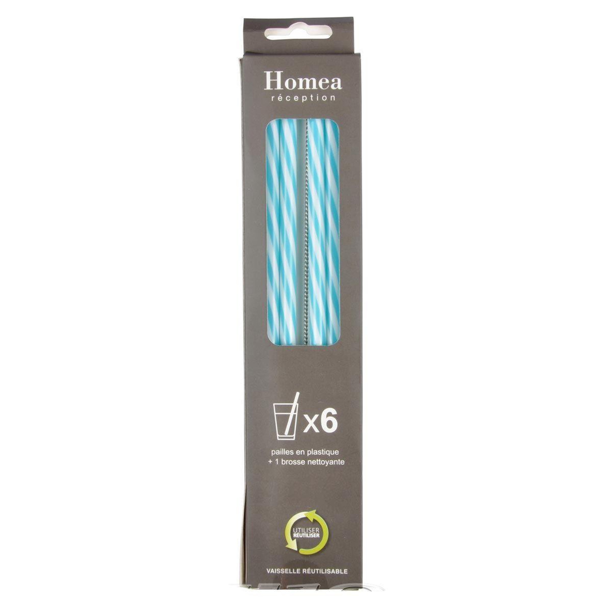 Voir la diapositive 2 : HOMEA Lot de 6 pailles & brosse  réutilisables  23cm bleu