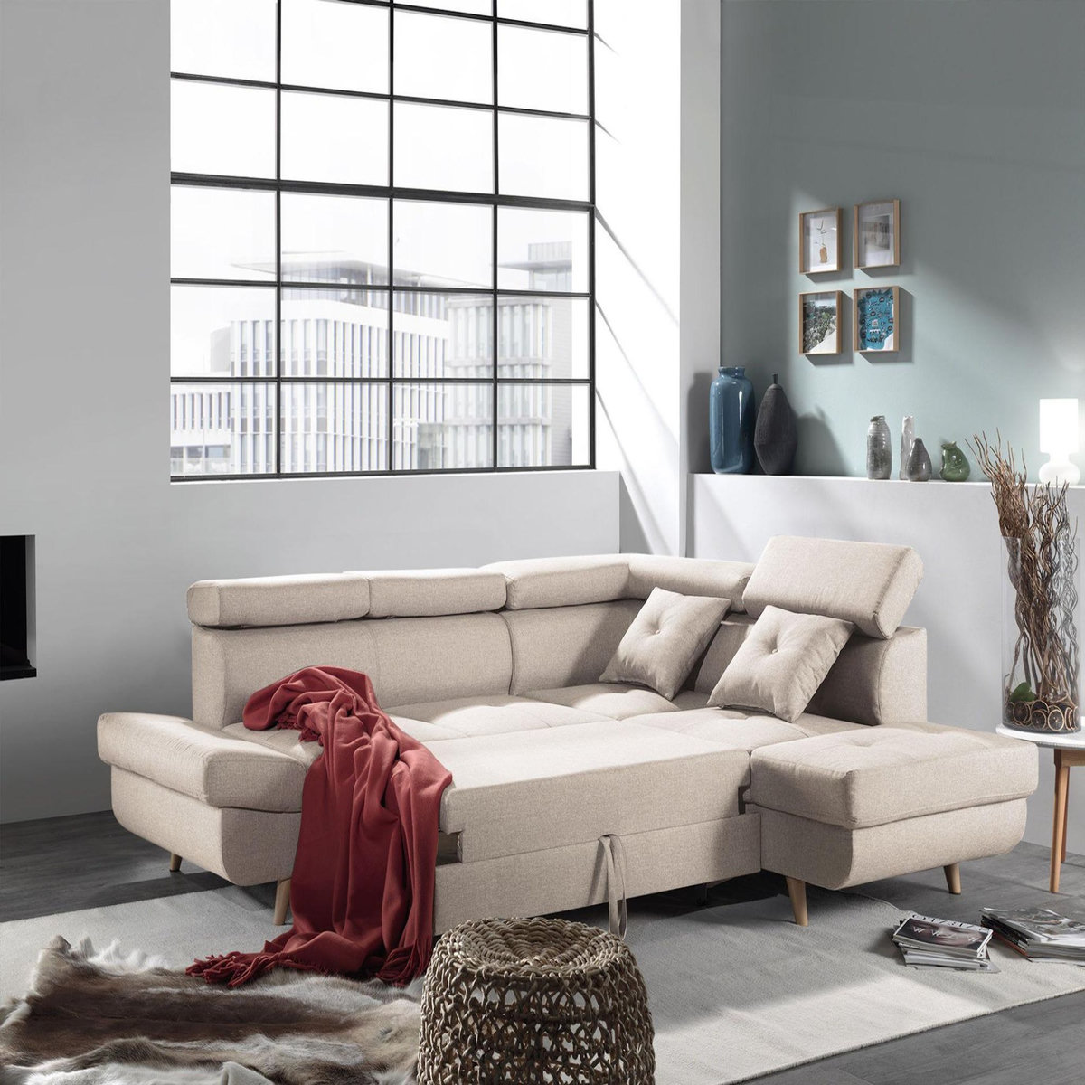 BEST MOBILIER Linea - canapé d'angle droit convertible - 5 places - avec têtières