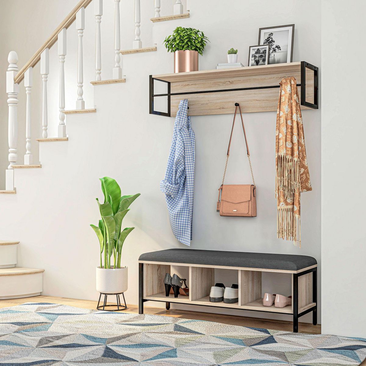 HOMCOM Porte-manteau mural vestiaire d'entrée banc à chaussures 3 compartiments 3 patères barre penderie acier noir aspect chêne clair