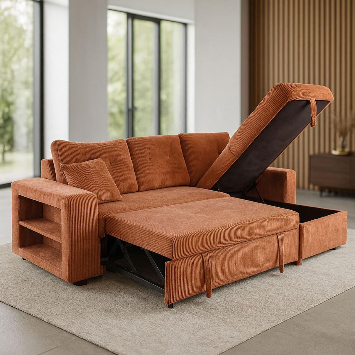 CONCEPT USINE Canapé d'angle convertible 4 places avec coffre en velours côtelé terracotta GLASGOW