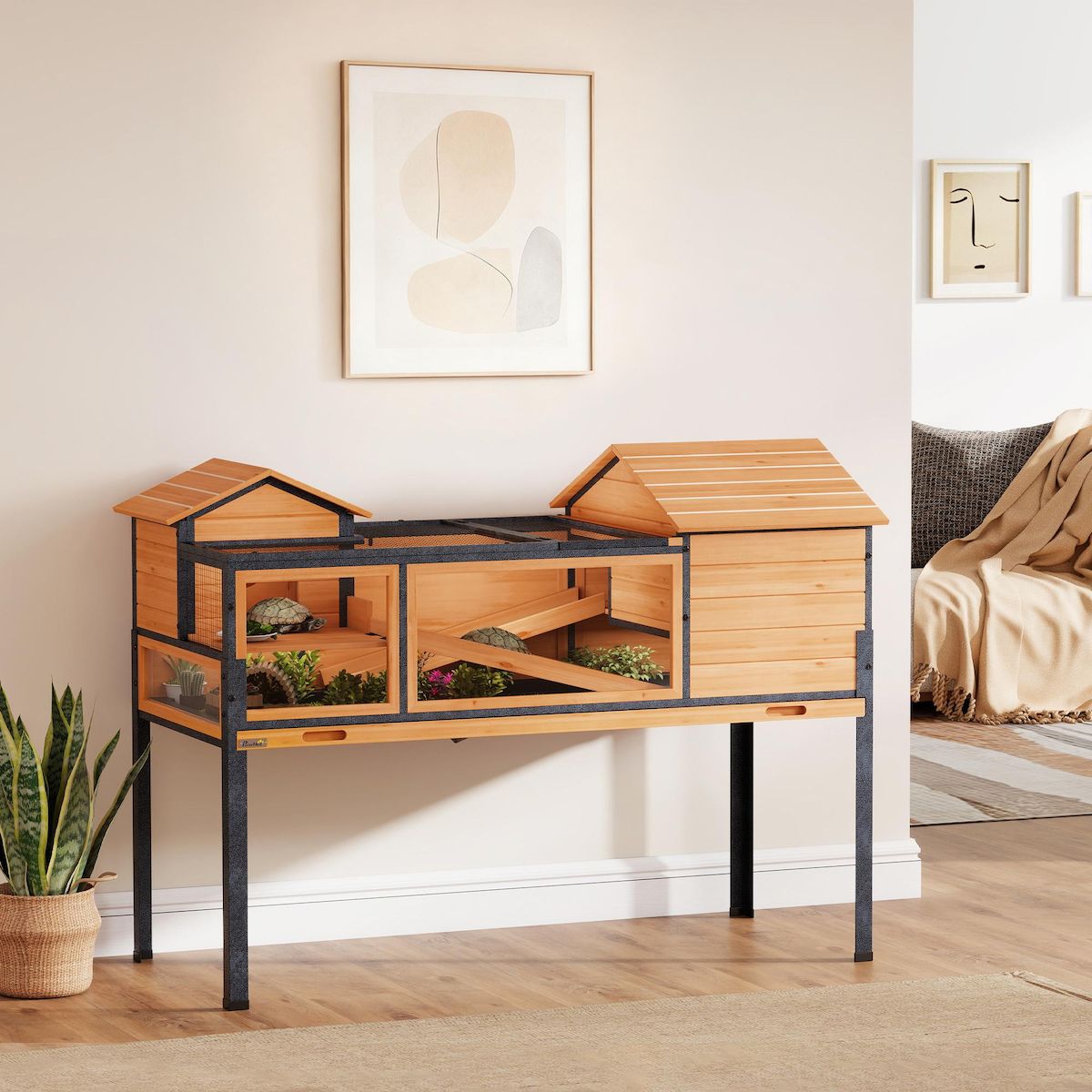 PAWHUT Terrarium design sur pieds - maison pour tortues - niches rampes plateau déjection - acier bois