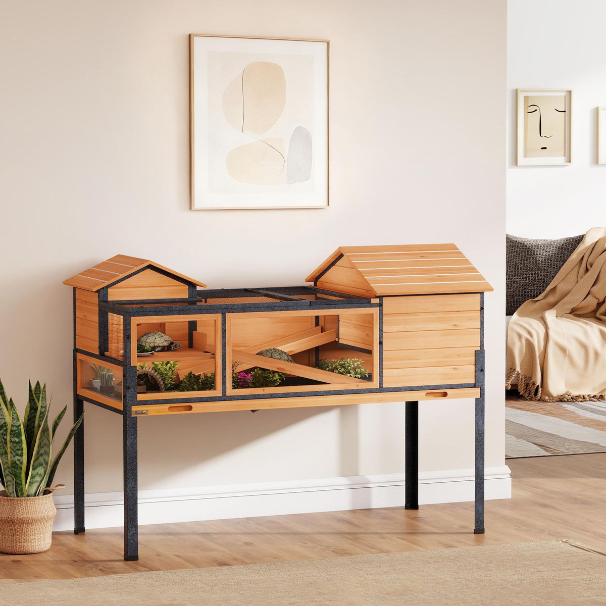 PAWHUT Terrarium design sur pieds - maison pour tortues - niches rampes plateau déjection - acier bois