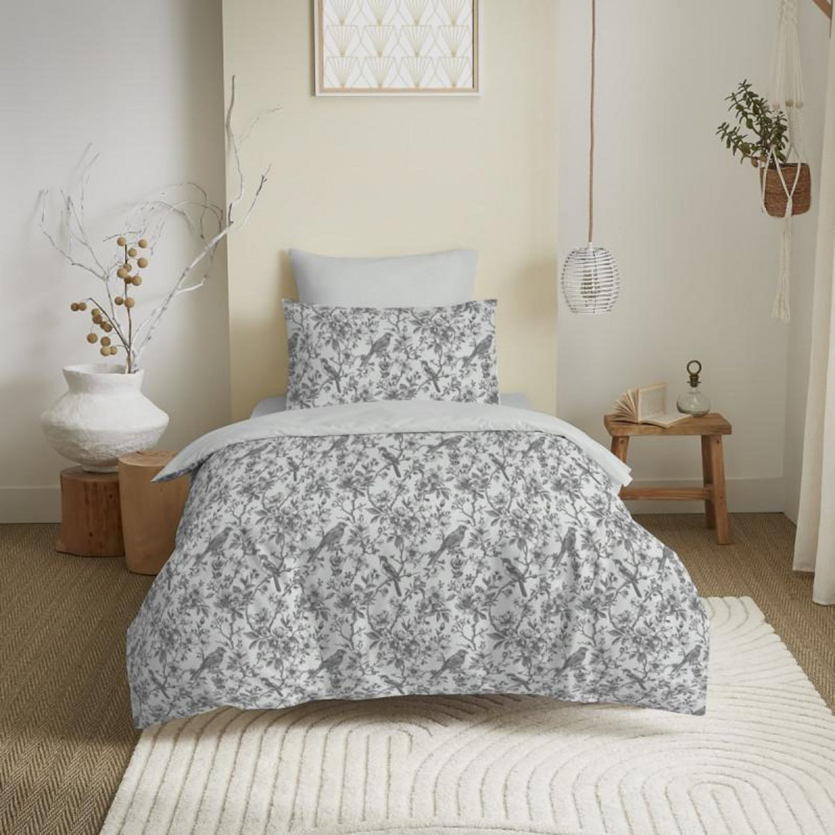 COTON PUR Pack complet housse de couette réversible pour lit 90 x 190 cm Bérengère nuage